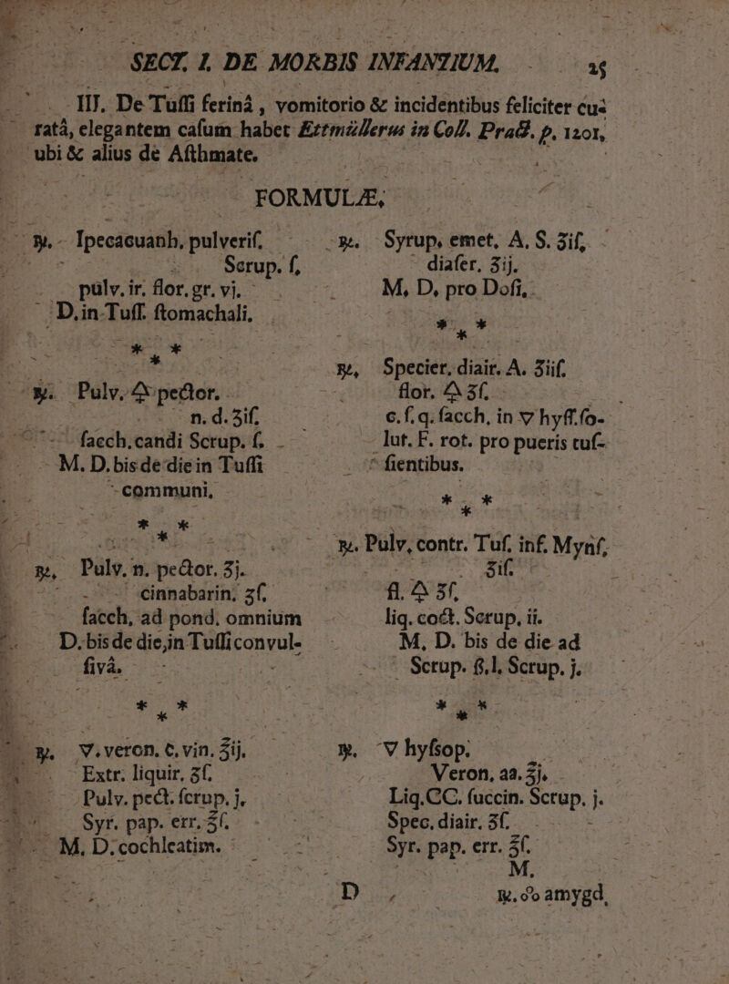 - ubi &amp; alius de Afthmate. | 5 »e - Ipecacuanb, puli ^ | Serup. f, pülv. ir.flor.gr. vi. ^ u D.in Tuff. ftomachali, a : E Pulv, A petlor. | | n. d. 3if. EY D.bisde'diein Tuffi IUD PEE d i | Nt 3 ». ' ply; n. pedor. 5i. -«cinnabarin; z(.- . facch, ad pond. omnium . D.bisde dieu odic Poneuie | fiv. | b. | Pw H * E V.veron, C.vin.Zij.- A Extr. liquir, at, T -—-Puly. pect. fcrup. j. Tet o Syr. pap. err. 36 | M. D. £ochleatim. RU - -»4 Syrup, emet, A, S. 2if,. diafer, 3ij. M, D, pro Dofi,. D^ Misc for. A 3f. - ; c.f. q. (acch, in Y hyftío- lut. F. rot. pro pueris tuf- ^ fientibus. | * ox * E Pu, contr. Tuf. inf, Myif, ! . f r AS liq. coct. Scrup. ii. M, D. bis de die ad | - Scup fl Scrup.j..—— * a. | iN m, ^V hyfsop. yid Veron, a2.5j. - Liq.CC. fuccin. Sctup. b Spec.diair.SC.— — um pop ert. $t - d'o vamygd,