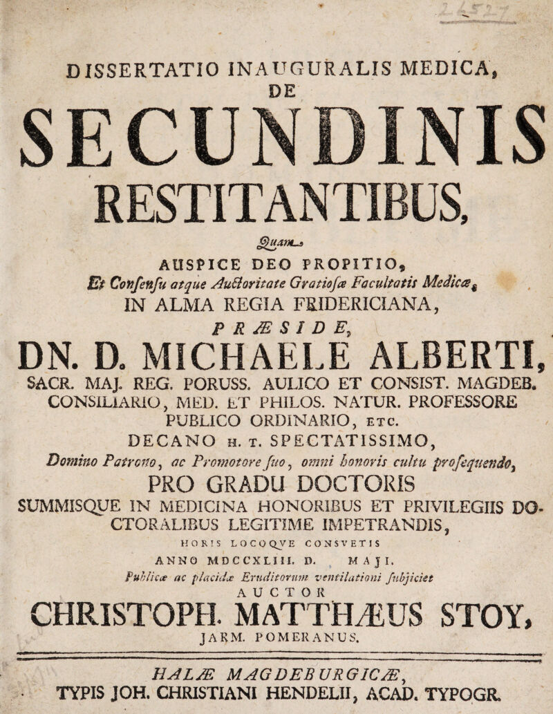 DISSERTATIO INAUGURALIS MEDICA, DE SECUNDINIS RESTITANTIBUS, G)u4ms AUSPICE DEO PROPITIO, Et Confenfu atque AuHoritate Gvatiofa Facultatis Medias % IN ALMA REGIA FRIDERICIANA, P R JE S I D E, DN. D. MICHAELE ALBERTI, SACR. MAJ. REG. PORUSS. AULICO ET CONSIST. MAGDEB. CONSILIARIO, MED. ET PHILOS. NATUR. PROFESSORE PUBLICO ORDINARIO, etc. DECANO h. t. SPECTATISSIMO, Domino Patrono, oc Promotore fuo, omni honoris cultu profcpusndo PRO GRADU DOCTORIS SUMMISQUE IN MEDICINA HONORIBUS ET PRIVILEGIIS DQ- CTORALIBUS LEGITIME IMPETRANDIS, HORIS LOCO QJ E CONSTETIS ANNO MDCCXLIII. B. MAJI. Public# ac placid# Eruditorum ventilationi fubjickt CHRISTOPH. MATTHAEUS STOY, JARM. POMERANUS. HALJE MAGDEB URGICEE, TYPIS JOH. CHRISTIANI HENDELII, ACAD. TYPOGR. \