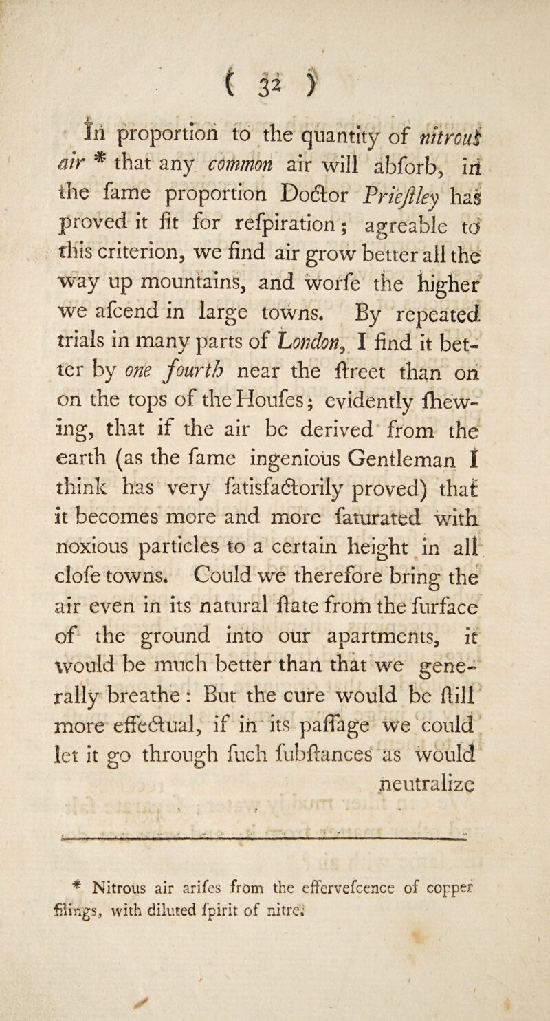 Iii proportion to the quantity of nitroui air * * * that any common air will abforb, iii ihe fame proportion Do&or Priejiley has proved it fit for refpiration; agreabie td this criterion, we find air grow better all the way up mountains, and worfe the higher we afcend in large towns. By repeated trials in many parts of London, I find it bet¬ ter by one fourth near the ftreet than on on the tops of the Houfes; evidently View¬ ing, that if the air be derived from the earth (as the fame ingenious Gentleman I think has very fatisfa&orily proved) that: it becomes more and more faturated with, noxious particles to a certain height in all clofe towns* Could we therefore bring the air even in its natural Bate from the furface of the ground into our apartments, it would be much better than that we gene¬ rally breathe: But the cure would be ftili more effectual, if in its paflage We could let it go through fuch fubfiances as would neutralize \ f <• » *1 Win nmMMMnwalinwil'iHMMn* I o.H^rMi****—****«i » mr'iainii i i n un«nmr'nBMi«anMijaL.i * Nitrous air arifes from the effervefcence of copper filings, with diluted fpirit of nitre,,