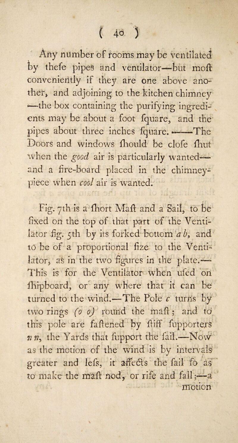 Any number of fooms may be ventilated by thefe pipes and ventilator-~bt.it moft conveniently if they are one above ano¬ ther* and adjoining to the kitchen chimney >—the box containing the purifying ingredi¬ ents may be about a foot fquare, and the pipes about three inches fquare. ——The Doors and windows fhould be clofe Unit when the good air is particularly -wanted™ and a fire-board placed in the chimney- piece when cool air is wanted. , * S * f Fig. 7th is a fhort Mafl and a Sail, to be fixed on the top of that part of the Venti¬ lator .fig. 5th by its forked bottom a b, and to be of a proportional fize to the Venti¬ lator* at in the two figures in the plate.™ This is for the Ventilator when ufed on Ihipboard, or any where that it can be turned to the wind.—The Pole c turns by two rings (0 0) round the maft; and to this pole are fafiened by fiiff fupportexS m w, the Yards that fupport the fail.—Now as the motion of the wind is by intervals » * ... *: greater and lefs, it affects the fail fo as to make the maft nod, or rife and fall-a motion