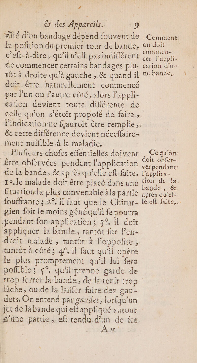 ‘ &gt; des Appareils. 3 la pofition du premier tour de bande, c’eft-à-dire, qu’iln’eft pas indifférent de commencer certains bandages plu- tôt à droite qu’à gauche , &amp; quand il doit être naturellement commencé par l’un ou l’autre côté, alors Pappli- cation devient toute différente de on doit commen- cer l’appli- ne bande.. êc cette différence devient néceflaire- ment nuifible à la maladie... Plufieurs chofes effentielles doivent £tre obfervées pendant application de la bande, &amp; après qu’elle eft faite. _10.le malade doit être placé dans une fituation la plus convenable äla partie fouffrante ; 2°, il faut que le Chirur- gien foit le moins gêné qu'il fe pourra .pendant fon application; 3°. il doit appliquer la bande, tantôt fur l’en- tantôt à côté; 4°. il faut qu’il opère le plus promptement qu’il lui fera pofible; $°. qu'il prenne garde de lîche, ou de la laïer faire des gau æ dune partie, eft tendu d’un de fes Av. Papplica-