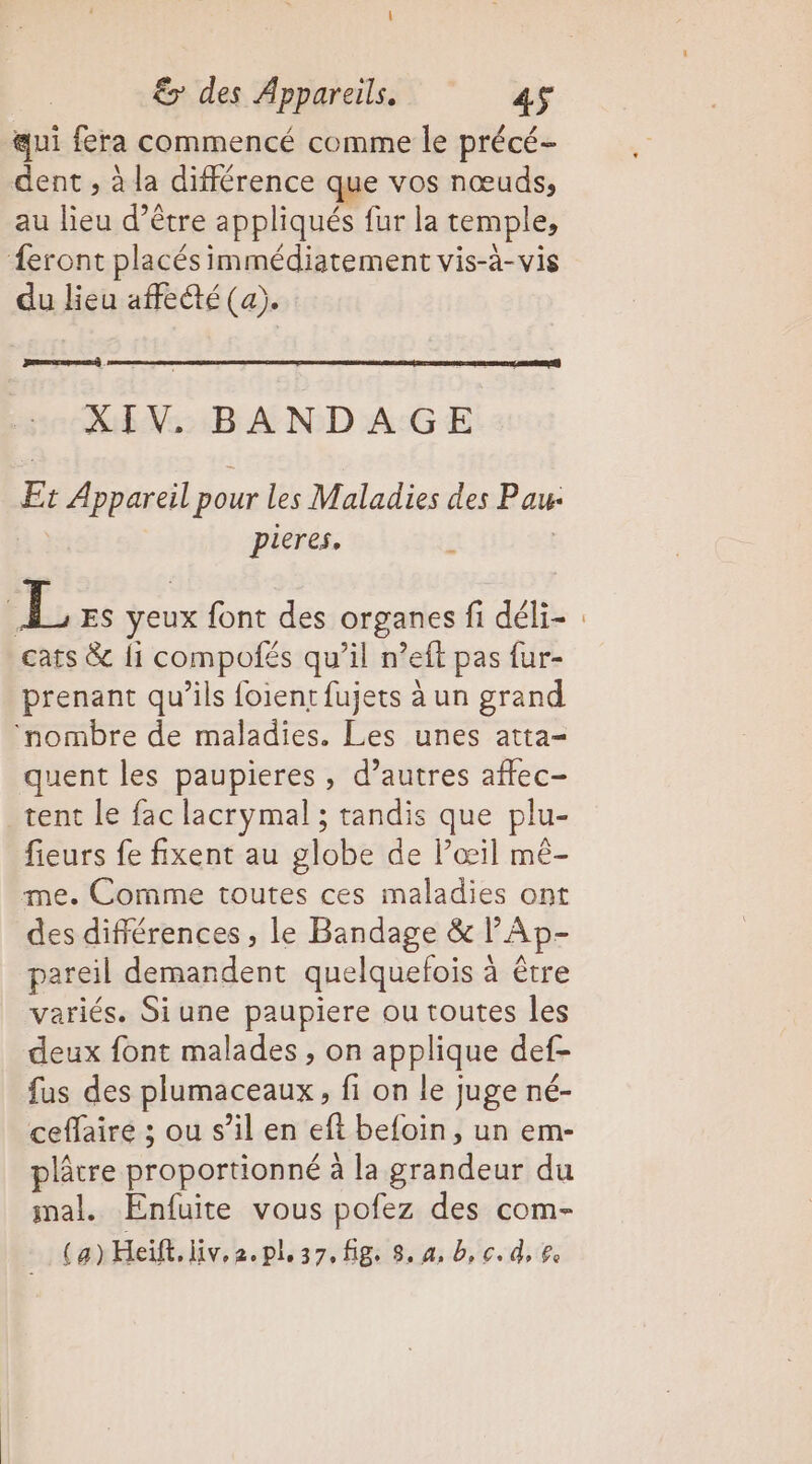 qui fera commencé comme le précé- dent , à la différence que vos nœuds, au lieu d’être appliqués fur la temple, eront placés immédiatement vis-à-vis du lieu affecté (a). Dep . XIV. BANDAGE Er Appareil pour les Maladies des Pau: | pieres, £ | CE, ES yeux font des organes fi déli- : cats &amp; 11 compofés qu’il n’eft pas fur- prenant qu’ils foient fujets à un grand nombre de maladies. Les unes atta- quent les paupieres , d’autres affec- tent le fac lacrymal ; tandis que plu- fieurs fe fixent au globe de l’œil mê- me. Comme toutes ces maladies ont des différences , le Bandage &amp; Ap- pareil demandent quelquefois à être variés. Siune paupiere ou toutes les deux font malades, on applique def- fus des plumaceaux, fi on le juge né- ceffaire ; ou s’il en eft befoin, un em- plâtre proportionné à la grandeur du mal. Enfuite vous pofez des com- (a) Heïft, iv, 2. pl. 37, fig. 8,4, b, c.d, 8