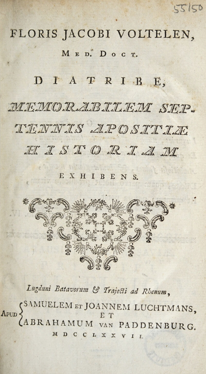 M E D. D O C T. D I A T R I B E, M X STO M 1JL M. EXHIBENS. Lugduni Batavorum & Trajeci ad Rhenum, rSAMUELEM et JOANNEM LUCHTMANS Apud < ET * (ABRAHAMUM van paddenburg,