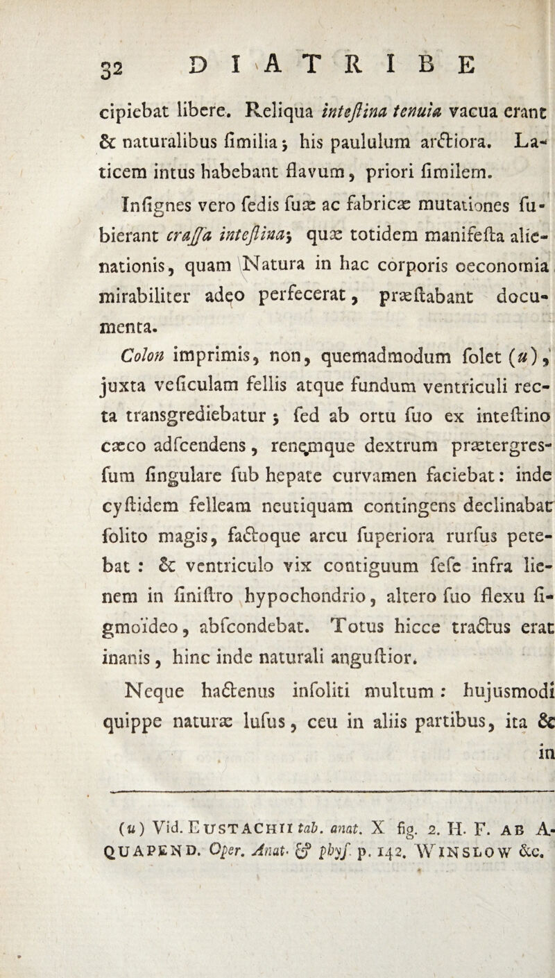 32 cipiebat libere. Reliqua inteftina tenuia vacua erane & naturalibus fimilia ■, his paululum ardliora, La¬ ticem intus habebant flavum, priori fimilem. Infignes vero fedis fum ac fabricae mutationes fu- bierant crajja inteflina, qua: totidem manifefba alie- ’ / ’ nationis, quam \Natura in hac corporis oeconomia • \ j - ■* * *f i mirabiliter adeo perfecerat, praeftabant docu¬ menta. Colon imprimis, non, quemadmodum folet («), juxta ve ficulam fellis atque fundum ventriculi rec¬ ta transgrediebatur; fed ab ortu fuo ex inteftino caeco adfcendens , renqptque dextrum prtetergres- fum fingulare fub hepate curvamen faciebat: inde cyftidem felleam ncutiquam contingens declinabat folito magis, fadtoque arcu fuperiora rurfus pete¬ bat : Sc ventriculo vix contiguum fefe infra lie¬ nem in fini (Iro hypochondrio, altero fuo flexu fi- gmoideo, abfeondebat. Totus hicce tradius erat * inanis, hinc inde naturali anguftior* Neque hadtenus infoliti multum: hujusmodi quippe natura: lufus, ceu in aliis partibus, ita Se in (u) Vid. EUSTACHII tab. anat. X fig. 2. II. F. AB A- QUAPKND. Qj)sr. Anat- (f j>byf. p. 142. W INSLOW &c.