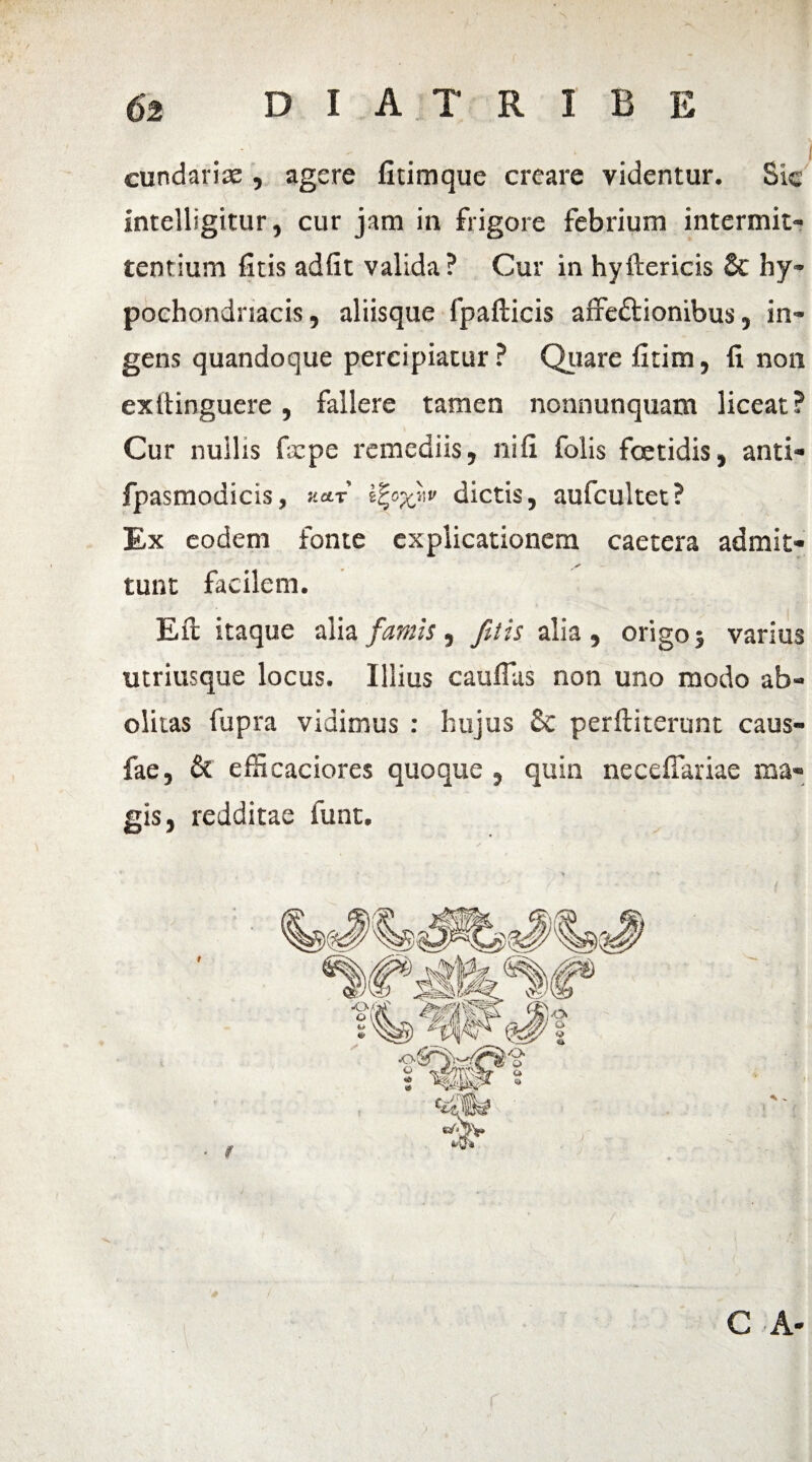 cundariae, agere fitimque creare videntur. Sic intelligitur, cur jam in frigore febrium intermit¬ tentium fitis adfit valida? Cur in hyftericis St hy¬ pochondriacis, aliisque fpafticis affectionibus, in¬ gens quandoque percipiatur? Quare fitim, fi non exttinguere, fallere tamen nonnunquam liceat? Cur nullis fiepe remediis, ni fi folis foetidis, and- fpasmodicis, xaf *dictis, aufcultet? Ex eodem fonte explicationem caetera admit¬ tunt facilem. Eft itaque alia famis , fitis alia , origo $ varius utriusque locus. Illius caudas non uno modo ab¬ olitas fupra vidimus : hujus & perftiterunt caus- fae, & efficaciores quoque , quin necefiariae ma¬ gis, redditae funt. C A-
