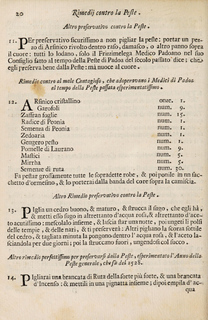 Altro prefervativo contro la Pejle. r i. T)Er prefervativo ficurilîimo a non pigliar la pelle: portar un pez- JL zo di Arfinico rivolto dentro rato, damalco, o altro panno fopra il cuore : tutti lo lodano, folo il Frkzimelega Medico Padoano nel Tuo Configlio fatto al tempo della Pelle diPadoa del fecolo paffato dice; chej» egli preferva bene dalla Pelle : mà nuoce al cuore. Rime die contro al male Contagìofo, che adoperavano Î Medici di P a don. al tempo della Pejle paffata efperimentatiffma \ Rfinico criftallino onze. r. jljL Garofoli num. 9- Zaffran foglie num. Radice di Peonia num. 1. Semenza di Peonia num. ie Zedoaria nume 1. Gerigero petto nume le Pomelle di Laurano num. 9* Mattici num. S* Mirrha nume 5- Semenze di ruta, , num. SO* Fa penar groffamente tutte le fopradette robe, & poi ponile in nn Tac¬ chetto d’ormefìno, & lo porterai dalla banda del core fopra la camifcia.. Altro Rimedio prefervativo contro la Pejle. «3- T) Tglia un cedro buono, & maturo, & llrucca il fogo, che egli hà , X & metti elio fugo in altrettanto d’acqua rofa,& altrettanto d’ace¬ to acutiifimo : mefcolalo infieme, & lafcia ftar una notte, poi ungeti li polfi delle tempie , & delle nari, & ti preferverà Altri pigliano la feorza fottile del cedro, & tagliata minuta la pongono dentro l’acqua rofa, & l’aceto la¬ rdandola per due giorni ; poi la {truccano fuori, ungendoli col fucco. Altro rimedio perfettiffmoperprefervarfi dalla Pejle, efperimentato l'Anno della, Pejle generale, che fu del 1528.. 14. T) Igliarai una brancata di Ruta della forte più forte, & una brancata X d’incenfo ; & mettili in una pignatta infieme ; dipoi empila d’ac-. qua