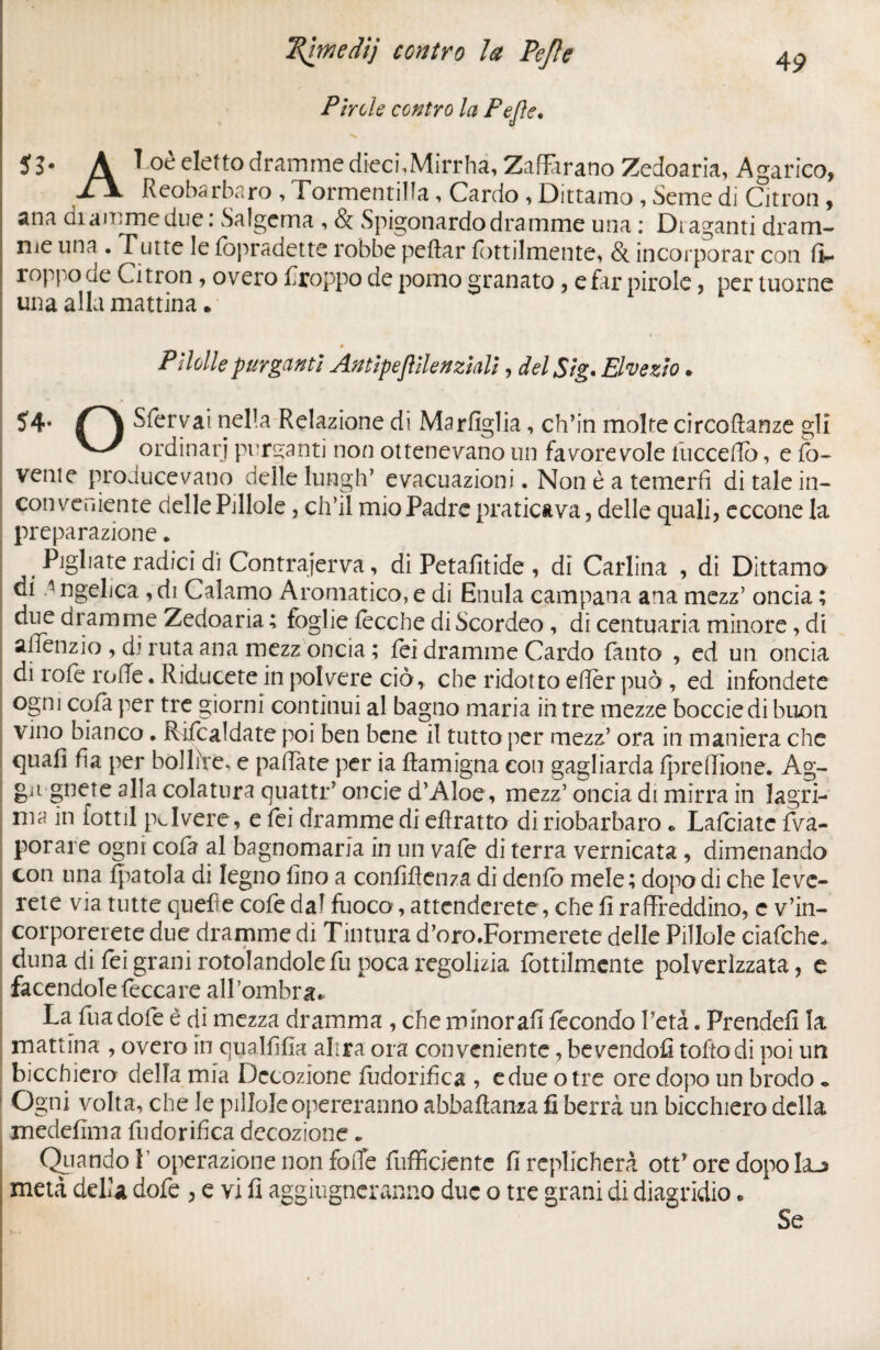 Ptroie contro la Pelle. U- A T oè eletto dramme dieci,Mirrha, Zafferano Zedoaria, Agarico, £\ Reobarbaro , Tormentilla, Cardo , Dittamo, Seme di Citron , ana dramme due : Salgcma , & Spigonardo dramme una : Draganti dram¬ me una. Tutte le fopradette robbepeftar ùmilmente, & incorporar con Pt- roppo de Citron, overo Proppo de pomo granato, e far pirole, per tuorne una alla mattina. Ptlùlk purganti Antlpefllknziall, del Sig. Ehezìo. . 54* Snervai nella Relazione di Marfiglia, ch’in molte circoftanze gli ordinari purganti non ottenevano un favorevole iucceflo, e fo- venie producevano delle lungh’ evacuazioni. Non è a temerti di tale in¬ conveniente delle Pillole, ch’il mio Padre praticava, delle quali, eccone la preparazione. , Pigliate radici di Contrajerva, di Petafitide , di Carlina , di Dittamo di d ngehca , di Calamo Aromatico, e di Enula campana ana mezz’ oncia ; due dramme Zedoaria ; foglie tècche diScordeo, di centuaria minore, di aflfenzio , di ruta ana mezz oncia ; tei dramme Cardo tanto , ed un oncia di rofe rode. Riducete in polvere ciò, che ridotto efier può, ed infondete ogni cqfà per tre giorni continui al bag-no maria ih tre mezze bocciedi buon vino bianco. Ritcaldate poi ben bene il tutto per mezz’ ora in maniera che quafi fia per bollire, e patTate per ia ftamigna con gagliarda fpreRione* Ag~ gu gnete alla colatura quatti-’ onde d’Aloe, mezz’ oncia di mirra in lagri¬ ma in fottìi polvere, e tei dramme di efiratto di riobarbaro » Lafciate {Va¬ porare ogni cofa al bagnomaria in un vate di terra vernicata, dimenando con una fpatola di legno lino a confidenza di dento mele; dopo di che leve¬ rete via tutte quelle cofe dal fuoco, attenderete , che fi raffreddino, c v’in¬ corporerete due dramme di Tintura d’oro.Formerete delle Pillole ciafche, duna di Tei grani rotolandole fu poca regolila fottilrnente polverizzata, e facendole leccare all’ombra.. La Tua dofe è di mezza dramma , che minorali fecondo l’età. Prende!! la mattina , overo in qualfifia apra ora conveniente, bevendoti toftodi poi un bicchiero della mia Decozione fudorifica , e due otre ore dopo un brodo • O gni volta, che le pillole opereranno abbaftanza fi berrà un bicchiero della medefima fudorifica decozione. Qiiando 1 operazione non foiTe fufficiente fi replicherà ott’ ore dopo la.» metà della dofe , e vi fi aggiugneranno due o tre grani di diagridio. Se
