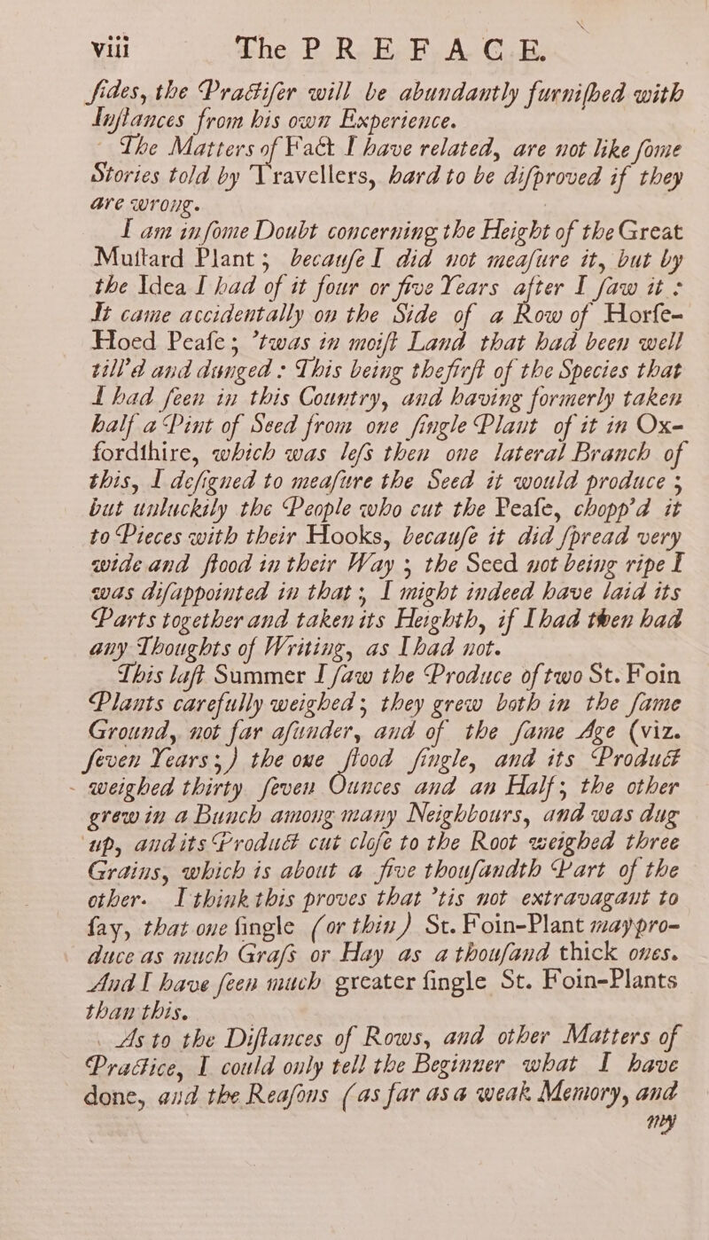 fides, the PraGifer will be abundantly furnifbed with Lnflances from his own Experience. — The Matters of Fact I have related, are not like fome Stories told by Travellers, hard to be difproved if they are wroig. : L am infome Doubt concerning the Height of the Great Muttard Plant; becaufeI did not meafure it, but by the Idea I had of it four or five Years after I faw it : Jt came accidentally on the Side of a Row of Horfe- Hoed Peafe; *twas in moift Land that had been well till’ d and dunged : This being thefirft of the Species that Lhad feen in this Country, and having formerly taken half aPint of Seed from one fingle Plaut of it in Ox- fordihire, which was lefs then one lateral Branch of this, I defigned to meafure the Seed it would produce ; but unluckily the People who cut the Peafe, chopp’d it to Pieces with their Hooks, becaufe it did /pread very wide and food in their Way ; the Seed not being ripe I was difappointed in that; I might indeed have laid its Parts together and taken its Heighth, if [had then had any Thoughts of Writing, as [had not. This laft Summer I faw the Produce of two St. Foin Plants carefully weighed; they grew both in the fame Ground, not far afunder, and of the fame Age (viz. feven Years ;) the one Pika fingle, and its Produd - weighed thirty feven Ounces and an Half; the other grew in a Bunch among many Neighbours, and was dug ‘up, andits Produd cut clofe to the Root weighed three Grains, which is about a five thoufandth Part of the other. I think this proves that ’tis not extravagant to fay, that one fingle (or thin) St. Foin-Plant maypro- duce as much Grafs or Hay as athoufand thick ones. Andl have feen much greater fingle St. Foin-Plants than this. _ As to the Diftances of Rows, and other Matters of Pradice, I could only tell the Beginner what I have done, aid the Reafons (as far asa weak Memory, and ia