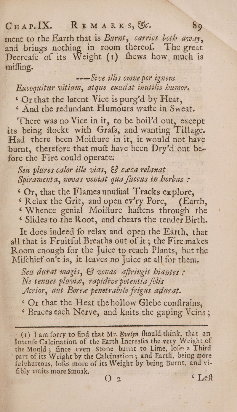 ment to the Earththat is Burat, carries both awe, and brings nothing in room thereof. ‘The great Decreafe of its Weight (1) fhews how, much is mifling. | a----Sive illis omne per ignens Excoquitur vitium, atque exudat inutihs humor. ‘ Orthat the latent Vice is purg’d by Heat, ¢ And the redundant Humours wafte in Sweat. There was no Vice in it, to be boil’d out, except its being ftockt with Grafs, and wanting Tillage. Had there been Moifture in it, it would not have burnt, therefore that muft have been Dry’d ont be- fore the Fire could operate. Seu plures calor ille vias, &amp;§ ceca relaxat Spiramenta, novas veniat qua fuccus in herbas : ¢ Or, that the Flames unufual ‘Tracks explore, ‘Relax the Grit, and open ev’ry Pore, (Earth, ‘Whence genial Moifture haftens through the ¢ Slides to the Root, and chears the tender Birth. It does indeed fo relax and open the Earth, that all that is Fruitful Breaths out of it; the Fire makes Room enough for the Juice to reach Plants, but the Mifchief on’t is, it leaves no Juice at all for them, Sew durat magis, &amp; venas aflringit hiantes ; Ne tenues pluvia, rapidive potentia folis Acvior, aut Boree penetrabile frigus adurat. ‘Or that the Heat the hollow Glebe conftrains, ‘ Braceseach Nerve, and knits the gaping Veins ; (1) Lam forry to find that Mr. Evelyn fhould think, that an Intenfe Calcination of the Earth Increafes the very Weight of the Mould; fince even Stone burnt to Lime, lofes a Third ‘part of its Weight by the Calcination; and Earth, being more fulphureous, lofes more of its Weight by being Burnt, and vi- fibly emits more Smoak, Oo. es Lick