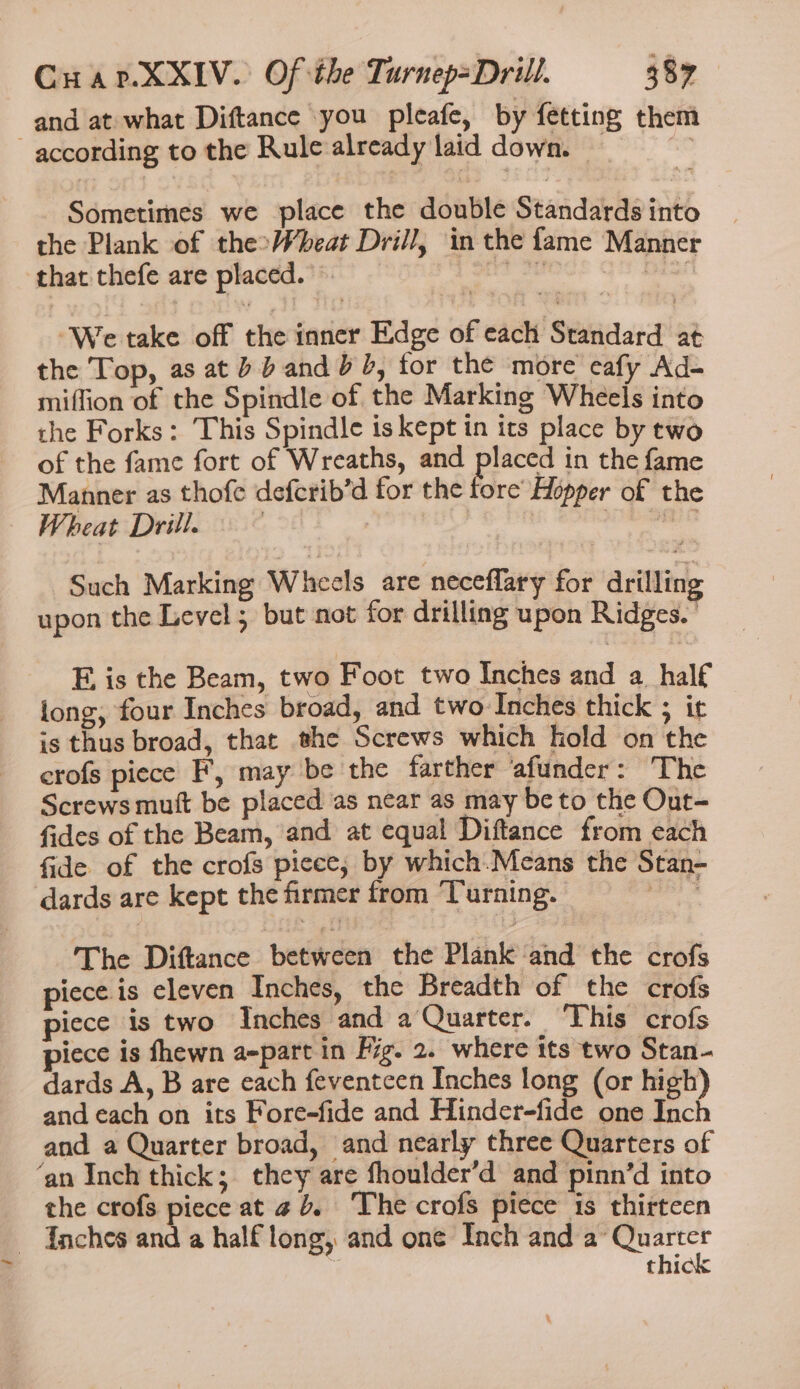 and at what Diftance you pleafe, by fetting them according to the Rule already laid down. | sss Sometimes we place the double Standards into the Plank of the&gt;Wheat Drill, in the fame Manner that thefe are placed. pig ata ‘We take off the inner Edge of each Standard at the Top, as at b band dD, for the more eafy Ad- miffion of the Spindle of the Marking Wheels into the Forks: This Spindle is kept in its place by two of the fame fort of Wreaths, and prec in the fame Manner as thofe defcrib’d for the fore Hopper of the Wheat Drill. | | ) | Ue Such Marking Wheels are neceflary for drilling upon the Level; but not for drilling upon Ridges.’ E is the Beam, two Foot two Inches and a half long, four Inches broad, and two Inches thick ; it is thus broad, that she Screws which hold on the erofs piece F’, may be the farther ‘afunder: The Screws mutt be placed as near as may be to the Out- fides of the Beam, and at equal Diftance from each fide of the crofs picee,; by which.Means the Stan- dards are kept the firmer from ‘Turning. AVS The Diftance between the Plank and the crofs piece. is eleven Inches, the Breadth of the crofs piece is two Inches and a Quarter. This crofs iece is fhewn a-part in Fig. 2. where its two Stan- dards A, B are each feventeen Inches long (or high and each on its Fore-fide and Hinder-fide one Inc and a Quarter broad, and nearly three Quarters of ‘an Inch thick; they are fhoulder’d and pinn’d into the crofs piece at 4b. The crofs piece is thirteen - Inches and a half long, and one Inch and a’ patel ) thick