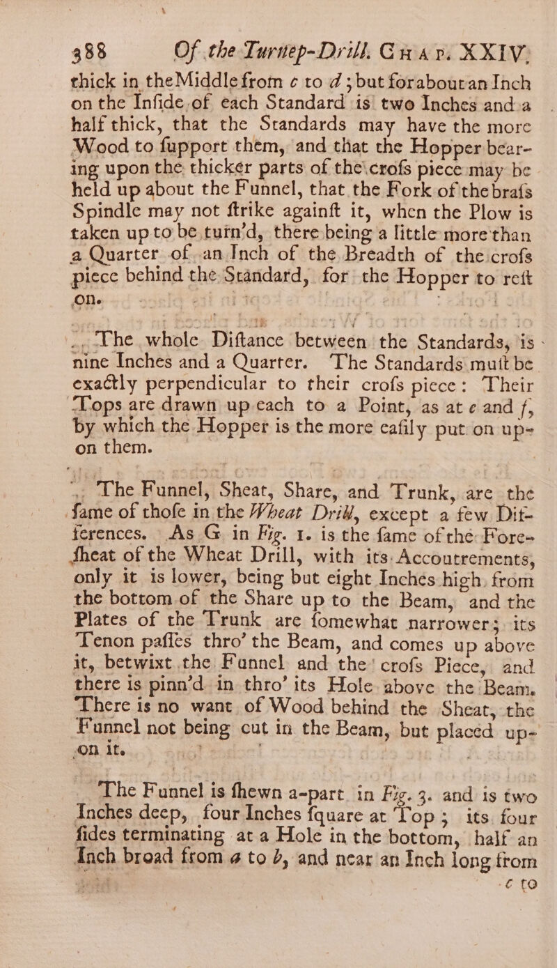 thick in the Middle from ¢ to d; but forabouran Inch on the Infide.of each Standard ‘is two Inches anda half thick, that the Standards may have the more Wood to fupport them, and that the Hopper bear- ing upon the thicker parts of the\crofs piece may be held up about the Funnel, that the Fork of the brafs Spindle may not ftrike againft it, when the Plow is taken upto be turn’d, there being a little more than a Quarter of .anJnch of the Breadth of the crofs piece behind the Standard, for the Hopper to rett on. agi abl 3 : ., Vhe whole Diftance between the Standards, iis - nine Inches and a Quarter. The Standards mutt be exactly perpendicular to their crofs piece: Their ‘Lops are drawn up-each to a Point, as at ¢ and f, by which the Hopper is the more eafily puton up- onthem. — ! . The Funnel, Sheat, Share, and Trunk, are the Jame of thofe in the Wheat Drill, except a few Dit- ferences. As G in Fiz. 1. is the fame of thé: Fore- Sheat of the Wheat Drill, with its: Accoutrements, only it is lower, being but eight Inches high, from the bottom of the Share up to the Beam, and the Plates of the Trunk are fomewhat narrower; its Tenon paffes thro’ the Beam, and comes u p above it, betwixt the Fannel and the’ crofs Piece, and there is pinn’d in thro’ its Hole above the Beam. There is no want of Wood behind the Sheat, the Funnel not being cut in the Beam, but placed up- ON it. a | ~The Funnel is fhewn a-part_ in Fig. 3. and is two Inches deep, four Inches fquare at ‘Top 3 its four fides terminating at a Hole in the bottom, half an {och broad from @ to 2, and near an Inch long from -€ tO