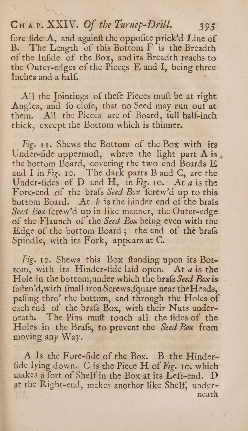 \ \ \ ; ae CHaAp. XXIV. Of the Turnep-Drill. 395 fore fide A, and againft the oppofite prick’d Line of B. The Length of this Bottom F is the Breadth of the Infide of the Box, andits Breadth reachs to the Outer-edges of the Pieces EK, and I, being three Inches and a half. f All the Jointings of thefe Pieces muft be at right Angles, and fo clofe, that no Seed may run out at them. All the Pieces are of Board, full half-inch thick, except the Bottom which ts thinner. Fig. 11. Shews the Bottom of the Box with its Underefide uppermoft, where the light part A is, the bottom Board, covering the two end Boards E and I in Fig. 10. ‘The dark parts B and C, are the Under-fides of D and H, in Fiz. 10. At a@ is the Fore-end of the brafs Seed Box {crew’d up to this bottom Board. At 4 1s the hinder end of the brafs Seed Box {crew’d up in like manner, the Outer-edge of the Flaunch of the Seed Box being even with the Edge of the bottom Board; the end of the brafs Spindle, with its Fork, appears at C. Fig. 12. Shews this Box ftanding upon its Bot tom, with its Hinder-fide laid open. At a is the Hole in the bottom,under which the brafs Seed Boxis fatten’d,with {mall ironScrews,f{quare near theHeads, _ pafling thro’ the bottom, and through the Holes of eachend of the brafs Box, with their Nuts under- neath. “The Pins muft toach all the fides of the Holes in the Brafs, to prevent the Seed Box from moving any Way. | A Is the Fore-fide of the Box. B the Hinder- fide lying down. C is the Piece H of Fig. 10. which _ sakes a fort of Shelf in the Box at its Left-end. D _ at the Right-end, makes another like Shelf, eee ‘ie neat