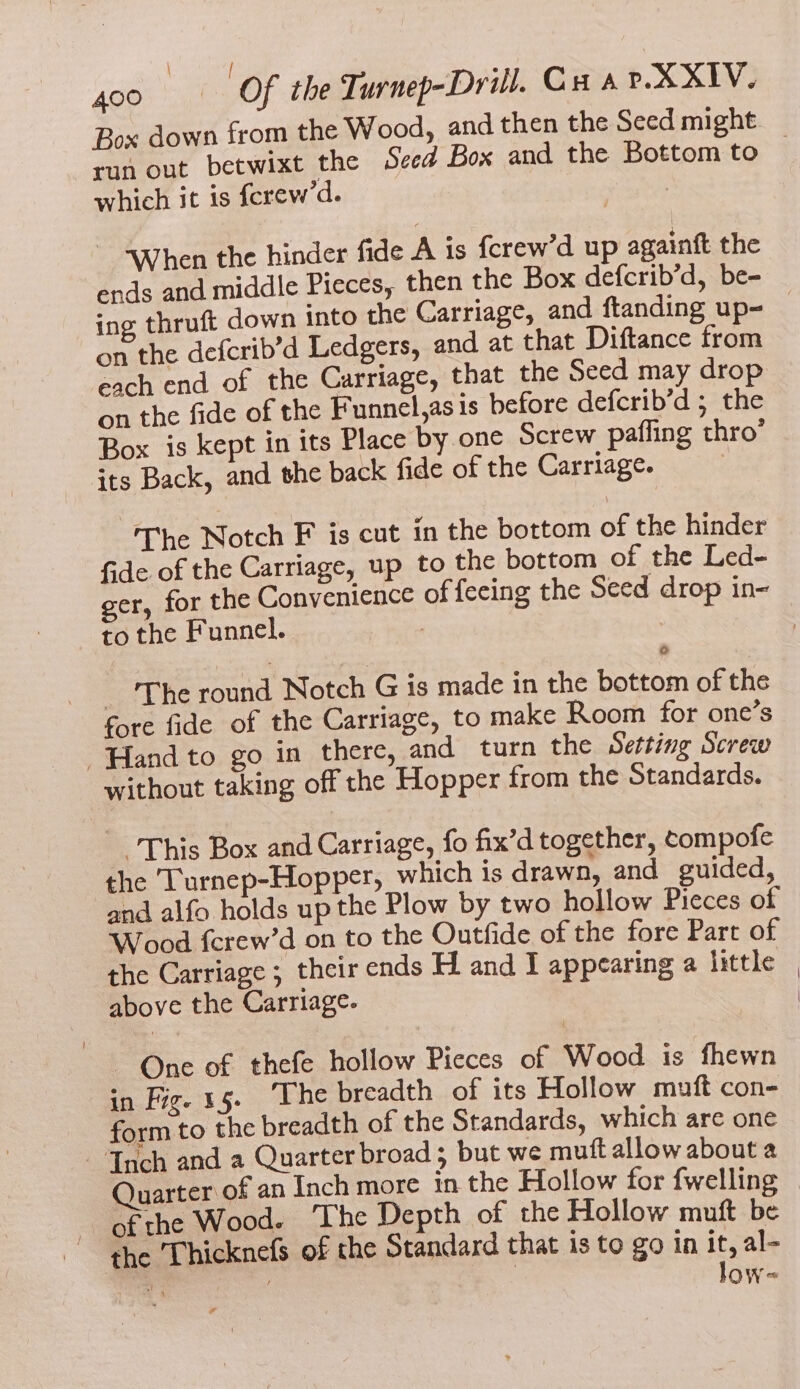 \ | ‘ Box down from the Wood, and then the Seed might run out betwixt the Seed Box and the Bottom to © which it is fcerew’d. | “When the hinder fide A is {crew’d up againtt the ends and middle Pieces, then the Box defcrib’d, be- ing thruft down into the Carriage, and ftanding up- — on the defcrib’d Ledgers, and at that Diftance from each end of the Carriage, that the Seed may drop on the fide of the Funnel,as is before defcrib’d ; the Box is kept in its Place by one Screw pafling thro’ its Back, and the back fide of the Carriage. | The Notch F is cut in the bottom of the hinder Gde of the Carriage, up to the bottom of the Led- ger, for the Convenience of feeing the Seed drop in- to the Funnel. 3 ‘The round Notch G is made in the bottom of the fore fide of the Carriage, to make Room for one’s Hand to go in there, and turn the Setting Screw without taking off the Hopper from the Standards. “This Box and Carriage, fo fix’d together, tompofe the Turnep-Hopper, which is drawn, and guided, and alfo holds up the Plow by two hollow Pieces of Wood fcrew’d on to the Outfide of the fore Part of the Carriage ; their ends Hand I appearing a little above the Carriage. - One of thefe hollow Pieces of Wood is fhewn in Fig. 15. The breadth of its Hollow muft con- form to the breadth of the Standards, which are one ‘Inch and a Quarter broad 3 but we mutt allow about a Quarter of an Inch more in the Hollow for fwelling of the Wood. The Depth of the Hollow muft be the 'Thicknefs of the Standard that is to go in it, al- as . low= wv