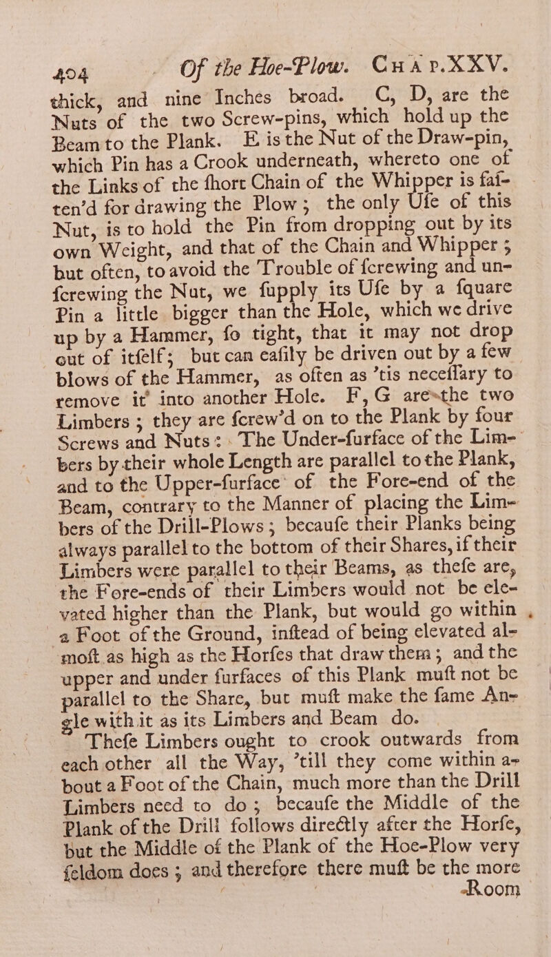 thick, and nine Inches broad. C, D, are the Nuts of the two Screw-pins, which hold up the Beam to the Plank. E isthe Nut of the Draw-pin, which Pin has a Crook underneath, whereto one of the Links of the fhort Chain of the Whipper is fai- ten’d for drawing the Plow; the only Ufe of this Nut, isto hold the Pin from dropping out by its own Weight, and that of the Chain and Whipper 5 but often, to avoid the Trouble of fcrewing and un- {crewing the Nat, we fupply its Ufe by a fquare Pin a little bigger than the Hole, which we drive up by a Hammer, fo tight, that it may not drop out of itfelf; but can eafily be driven out by a few blows of the Hammer, as often as ’tis neceflary to remove it’ into another Hole. F,G aresthe two Limbers ; they are {crew’d on to the Plank by four Screws and Nuts: » The Under-furface of the Lim- bers by their whole Length are parallel tothe Plank, and to the Upper-furface’ of the Fore-end of the Beam, contrary to the Manner of placing the Lim- bers of the Drill-Plows; becaufe their Planks being always parallel to the bottom of their Shares, if their Limbers were parallel to their Beams, as thefe are, the Fore-ends of their Limbers would not be ele- vated higher than the Plank, but would go within , a Foot of the Ground, inftead of being elevated al- moft as high as the Horfes that drawthem and the upper and under furfaces of this Plank muft not be parallel to the Share, bur muft make the fame An= le with it as its Limbers and Beam do. Thefe Limbers ought to crook outwards from each other all the Way, ’till they come within a+ bout a Foot of the Chain, much more than the Drill Limbers need to do; becaufe the Middle of the Plank of the Drill follows dire@tly after the Horfe, but the Middle of the Plank of the Hoe-Plow very feldom does ; and therefore there muft be the more | | | / | «Room