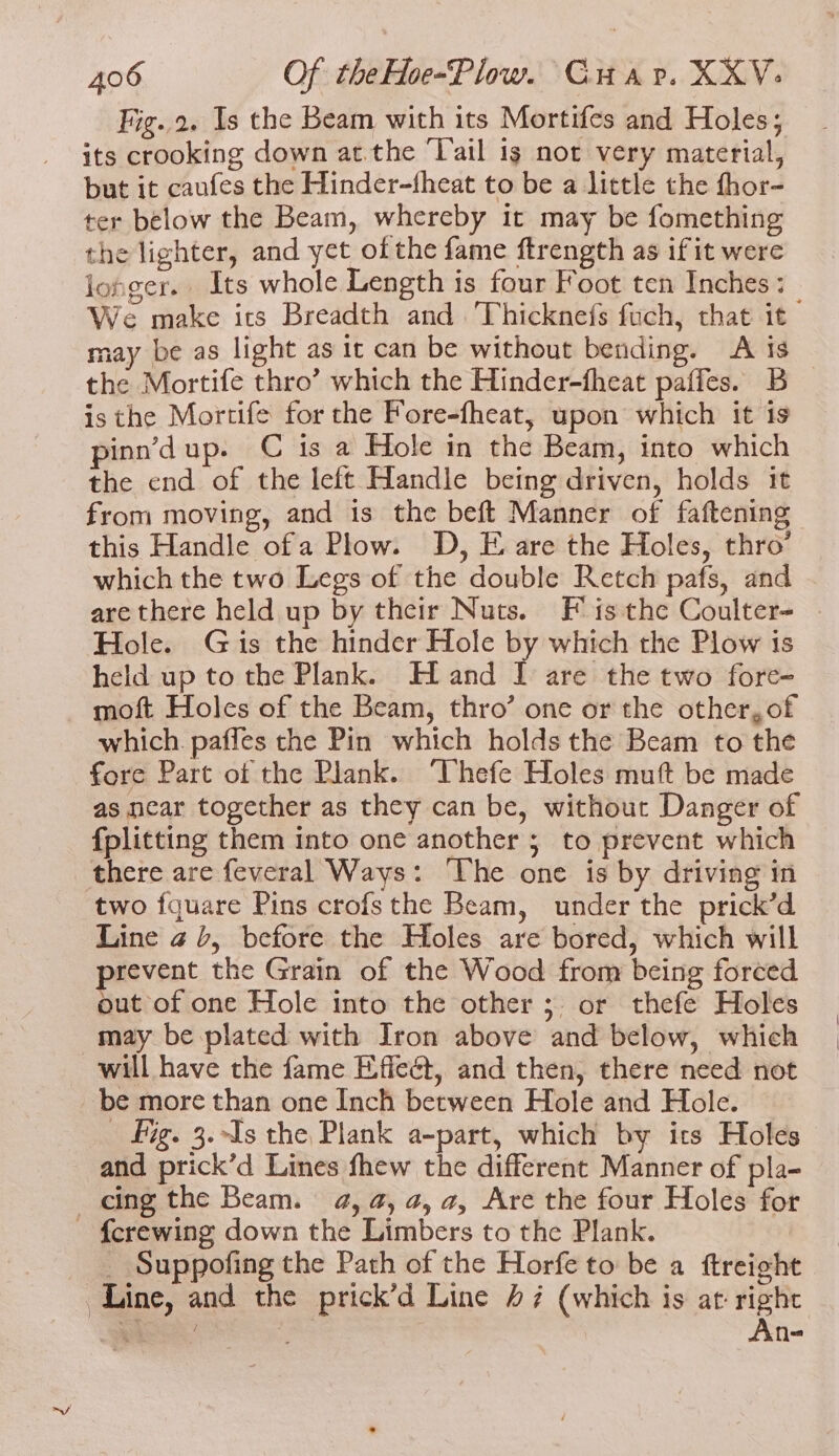 Fig. 2. Is the Beam with its Mortifes and Holes; its crooking down at.the Tail 1g not very material, but it caufes the Hinder-fheat to be a little the thor- ter below the Beam, whereby it may be fomething the lighter, and yet ofthe fame ftrength as if it were longer. Its whole Length is four Foot ten Inches : : We make ics Breadth and Thicknefs fuch, that it may be as light as 1t can be without bending. Ais — the Mortife thro’ which the Hinder-fheat paffes. B isthe Mortife for the Fore-fheat, upon which it is pinn’d up. C is a Hole in the Beam, into which the end of the left Handle being driven, holds it from moving, and is the beft Manner of faftening this Handle ofa Plow. D, E are the Holes, thro’ which the two Legs of the double Retch pafs, and are there held up by their Nuts. F' is the Coulter- Hole. Gis the hinder Hole by which the Plow is held up to the Plank. Hand I are the two fore- moft Holes of the Beam, thro’ one or the other, of which. paffes the Pin which holds the Beam to the fore Part of the Plank. ‘Thefe Holes muft be made as near together as they can be, without Danger of fplitting them into one another 5 to prevent which there are feveral Ways: ‘The one is by driving in two fquare Pins crofs the Beam, under the prick’d Line @ b, before the Holes are bored, which will prevent the Grain of the Wood from being forced out of one Hole into the other; or thefe Holes may be plated with Iron above and below, which will have the fame Effect, and then, there need not be more than one Inch between Hole and Hole. _ Fig. 3.-Is the Plank a-part, which by its Holes and prick’d Lines fhew the different Manner of pla- cing the Beam. 4a, a, a, a4, Are the four Holes for - {crewing down the Limbers to the Plank. | _ Suppofing the Path of the Horfe to be a ftreight Line, and the prick’d Line 47 (which is at right + en Ss An-
