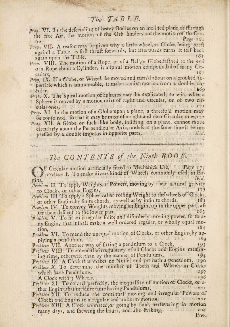 pm: VT.’ In t!ie xlefcemling of heavy Bodies on an inclined plane,or ftorogh the free Air the motion of the Orb hinders im the motion of the Cen- tre ’ rage '6* Frtp.’vIT. A reafori mav be given why a little wheel,or Globe, being’ preft aoainft a Table, is hr ft thrift forwards, but afterwards turns it feif back again upon the Table. , r n i » Prop VIII. The motion of a Rope, or of a Bab,or Globe,taitneu to me enu o fa R-ope about a Cylinder, isafpiral motion compounded of many Cir¬ culars, 16- Prop IX. If a Globe, or Wheel, be moved and turn’d about on a crooked fu- perficie which is immoveable, it makes a mixt motion from a double cir- - 6ular, . Wop. X. The Spiral motion of Spheres may be explicated, to wit, when a Sphere is moved by a motion mixt of right and circular, or of two cir¬ cular ones, <171 Pr&p. XI In the motion of a Globe upon a plane, a threefold motion may be conjoined, fo that it may be mixt of a right and two Circular ones,i 72. prop. XII. A Globe, or Rich like body,infilling on a plane, cannot move circularly about the Perpendicular Axis, unlds at the fame time it be im~ preifed by a double impetus id. oppofite parts, ibid. The CONTENTS of the Ninth BOOK. F Circular motion artificially fitted to Mechanick Ufe, Tags 175 .* L I1U/ V U/1I v»i i.ijj.v.’**’ / -- ' t.' • Problem I. To make divers kinds of Wheels commonly ufed in Em sins *bidt problem II. To apply Weights,or Powers, moving by their natural gravity to Clocks, or other Engins, _tr . . , . , ' c 111 Problem III. To apply a Spherical Of rolling Weight to the wheels of Clocks, ' or other Engins,by finite chords, as well as by infinite chords, 181 Problem IV. To convey Weights moving aiyEngin, up to the upper part, af¬ ter their defeent to the lower part, *83 Problem V. To fit an irregular finite and diforderly moving power, fo to a- ny Engin, that itlhall make a well ordered regular, or wholly equal mm tion ^ ^ 5 Problem VI. To mend the unequal motion of Clocks, or other Engins,by ap¬ plying a pendulum, ^ l^9 Problem VII. Another way of fitting a pendulum to a Clock, 193 problem VIII. To amend the irregularity of all Clocks and Engins meafur- ing time, other wife, than by the manner of Pendulums, 194 Problem IX. A Clock that makes no Nolle, and yet hath a pendulum, 196 Problem X. To determine the number of Teeth and Wheels in Cocks which have Pendulums. 1 I9'7 A Clock with'3 Wheels. J9$ Problem XL To Correff perfe&ly, the inequality of motion of Clocks, or o- ther Enginr,that irn&liire time having Pendulums, 201 problem XII. To reduce the continual moving and irregular Powers of Clocks and Engins to a regular and uniform motion, 205 Problem XHL A Clock animated,or going by land, perfevering in motion many days, and (hewing the hours, and alio fhiking> toS Pro