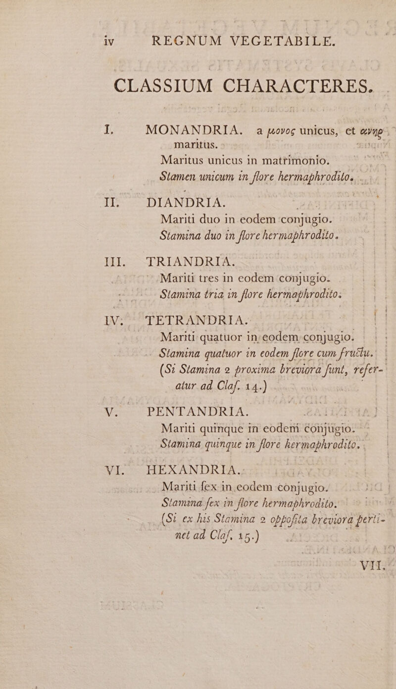 CLASSIUM CHARACTERES. 1; MONANDRIA. a povog unicus, et avyp maritus. - Biguy Maritus unicus in matrimonio. | Stamen unicum in_flore hermaphrodito. .. II. DIANDRIA. Mariti duo in eodem conjugio. Stamina duo in flore hermaphrodito. III. TRIANDRIA. | Mariti tres in eodem conjugio. Stamina tria in flore hermaphrodito. LV: TETRANDRIA.: , Mariti quatuor in: eodem conjugio. Stamina quatuor in eodem flore cum frutiu. (Sz Stamina 2 proxima brevora funt, refer= atur ad Claf. ne ) Vv. PENTANDRIA. i Mariti quinque in eodeni conjtigio. | Stamina quingue in flore hermaphrodito. Vi. HEXANDRIA.: : Mariti {ex in.eodem conjugio. Stamina fex in flore hermaphrodito. | (St ex his Stamina 2 po fila breviora perti le net ad Claf. 15.) VIL.