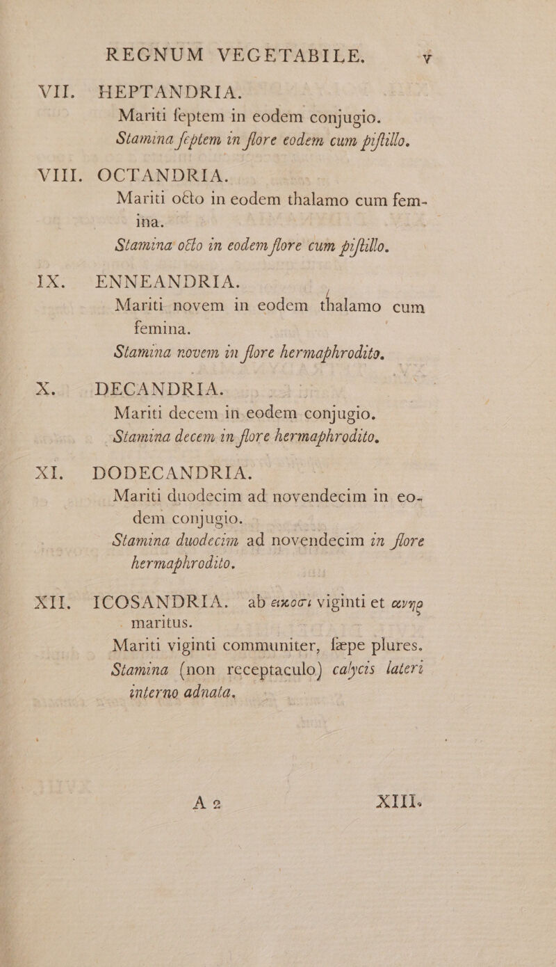 VILLI. xa REGNUM VEGETABILE. Vv Mariti feptem in eodem conjugio. Stamina feptem in flore eodem cum prftillo. OCTANDRIA. Mariti o€to in eodem thalamo cum fem- Hise 2R i . Stamina’ otto in eodem flore cum puftillo. ENNEANDRIA. Mariti novem in eodem dealin cum femina. 3 Stamina novem in flore hermaphrodito, DECANDRIA. : Mariti decem in.eodem conjugio. Stamina decem in flore hermaphrodito, DODECANDRIA. Mariti duodecim ad novendecim in eo- dem conjugio. | Stamina duodecim ad novendecim in _flore hermaphrodito. ICOSANDRIA, | ab axocs viginti et ayyg _ maritus. Mariti viginti communiter, fape plures. Stamina (non receptaculo) calycis lateri interno adnata. Ae XIII.