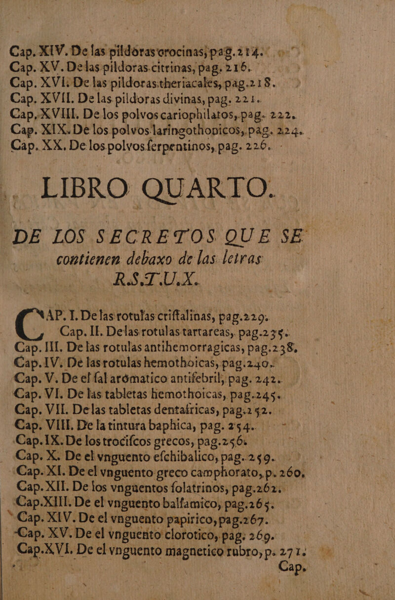 Cap. XV. Delas pildoras.citrinas, pag. 216. > Cap. XVI. De las pildoras:theriacales, pag.218. Cap. XVII. De las pildoras divinas, pag. 221. -Cap,XVIIL. Delos polvos cariophilatos,pag. 222. Cap. XIX. De los polvos laringothopicos,.pag. 224. - Cap. XX, De los polvos ferpentinos, pag. 226, - LIBRO QUARTO. DE LOS SECRETOS QUE SE contienen debaxo de las letras | RS.T.U,X. MAP. L De las rotulas criftalinas, pag.229. Cap. IE. Delasrotulastartareas, pag.239.. Cap. MU. De las rotulas antihemorragicas, pag.238, Cap.IV. De lasrotulas hemothoicas, pag.240. Cap. V. De el falarómatico antifebril, pag. 242. Cap. VI. De las tabletas hemothoicas, pag.245. Cap. VII. Delas tabletas dentatricas, pag.252. - Cap. VIII. De la tintura baphica, pag. 254. * Cap.1X.Delostrocifcos grecos, pag.256. - Cap. X. De el vnguento efchibalico, pag..259. > Cap. XI. De el vnguento greco camphiorato,.p. 260, Cap. XII. De los vnguentos folatrinos, pag.262. Cap.XIIT. De el vaguento balfamico, pag.265. “Cap. XIV. De el vnguento papirico,pag.267. Cap. XV. De el vnguento clorotico, pag: 269. - Cap.X VI. De el vnguento magnetico rubro, p.27 1. > A do IN | Cap» y ms
