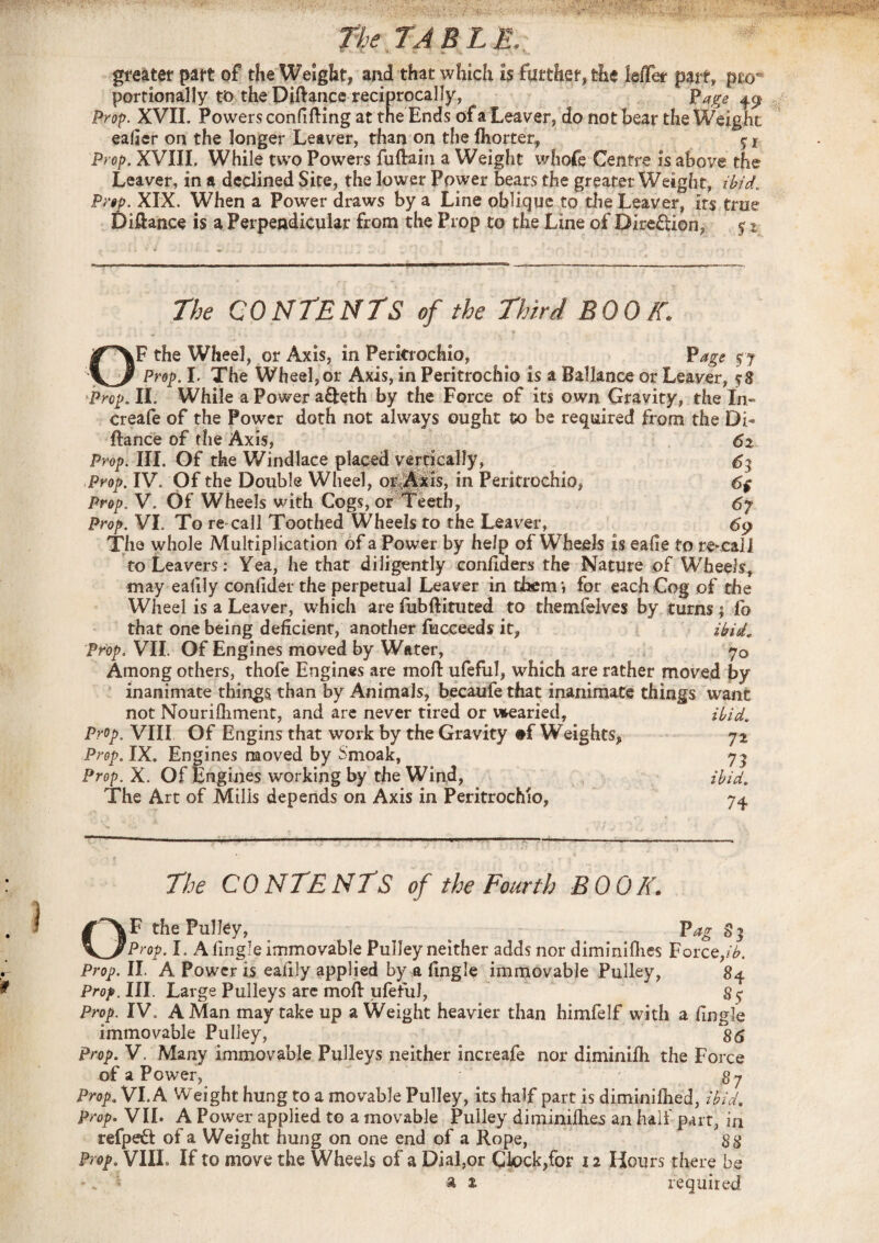 greater part of the Weight, and that which Is further, the Me* part, pro* portionally to the Diftance reciprocally, Page 49- Prop. XVII. Powers confining at tne Ends of a Leaver, do not hear the Weight eafier on the longer Leaver, than on the fhorter, y.j Prop. XVIIL While two Powers fuftain a Weight whofe Centre is above the Leaver, in a declined Site, the lower Power bears the greater Weight, ibid. Prop. XIX. When a Power draws by a Line oblique to the Leaver, its true f)iftance is a Perpendicular from the Prop to the Line of Dire£tion, 51 The CONTENTS of the Third BOOK. OF the Wheel, or Axis, in Perkrochio, ^ Page fj Prop. I. The Wheel, or Axis, in Peritrochio is a Balk nee or Leaver, 58 Prop. II. While a Power a&eth by the Force of its own Gravity, the In- creafe of the Power doth not always ought to be required from the Di¬ stance of the Axis, 6z Prop. III. Of the Windlace placed vertically, 63 Prop. IV. Of the Double Wheel, or Axis, in Peritrochio, 6$ Prop. V. Of Wheels with Cogs, or 'teeth, 67 Prop. VI. To re call Toothed Wheels to the Leaver, 69 The whole Multiplication of a Power by help of Wheels is eafie to re*cal] to Leavers: Yea, he that diligently eonfiders the Nature of Wheels, may eafily confider the perpetual Leaver in them*, for each Cog of the Wheel is a Leaver, which are fubftituted to themfelves by turns; fo that one being deficient, another fucceeds it, ibid. Prop. VII. Of Engines moved by Water, 70 Among others, thofe Engines are moll ufeful, which are rather moved by inanimate things than by Animals, becaufe that inanimate things want not Nourifliment, and are never tired or wearied, ibid. Prop. VIII Of Engins that work by the Gravity #f Weights, 72 Prop. IX. Engines moved by Smoak, 75 Prop. X. Of Engines working by the Wind, ibid. The Art of Mills depends on Axis in Peritrochio, 74 The CONTENTS of the Fourth BOOK. OF the Pulley, Pag S3 Prop. I. A fingle immovable Pulley neither adds nor diminifhes Force,#. Prop. II. A Power is eafily applied by a fingle immovable Pulley, 84 Prop. III. Large Pulleys are moll ufeful, 85 Prop. IV. A Man may take up a Weight heavier than himfelf with a fingle immovable Pulley, 86 Prop. V. Many immovable Pulleys neither increafe nor diminifli the Force of a Power, 87 Prop. VI. A Weight hung to a movable Pulley, its half part is diminiflied, ibid. Prop. VIE A Power applied to a movable Pulley diminilhes an half part, in refpett of a Weight hung on one end of a Rope, 88 Prop. VIII. If to move the Wheels of a Dial,or Clock,for 12 Hours there he -. v a & required