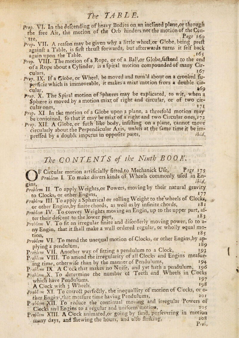 * . _ . • I J ' : ‘ • T1 * PW.' VJ. In the defending of heavy Bodies on an inclined pkne.of though the free Air the motion of the Orb hinders not the motion of the Cen- • tre ’ PaSe ,6° Prop.’vir. A reafon may be given why a little wheel,or Globe, being preft againft a Table, is firft thruft forwards, but afterwards turns it felf back again upon the Table. f _ _ , f >l6S Prop. VIII. The motion of a Rope, or of a Bailor Globe,faftned to the end of a Rope about a Cylinder, isafpiral motion compounded of many Cir- ClllcITS * ~ t ^ Prof) IX! If a Globe, or Wheel, be moved and turn’d about on a crooked fu- perficie which is immoveable, itmakesamixt motion from a double cir- * cular ^9 Prop. XThe Spiral motion of Sphaeres may be explicated, to wit, when a Sphere is moved by a motion mixt of light and circular, or of two cir¬ cular ones, - , r n . 171 Prop. XI In the motion of a Globe upon a plane, a threefold motion may be conjoined, fo that it may be mixt of a right and two Circular ones,172 Prop. XII. A Globe, or fuch like body, infilling on a plane, cannot move circularly about the Perpendicular Axis, unlefs at the fame time it be im- < prelfed by a double impetus in oppolite parts, ibid. The CONTENTS of the Ninth BOOK.. g-XF Circular morion artificially fitted to Mechanick Ufe, Tagi 175 II Proitem I. To make divers kinds of Wheels commonly ufed in En- ibid. pMm II. To apply Weights,or Powers, moving by their natural gravity to Clocks, or other Engins, . , , , , . c n\ V7 FrobWu III To apply a Sphaerical or rolling Weight to the wheels of Clocks, or other Engins,by finite chords, as well as by infinite chords, 181 problem IV. To convey Weights moving an Engin, up to the upper part, af¬ ter their defcent to the lower part, . r i83 Problem V To fit an irregular finite and diforderly moving power, fo to a- ny Engin, that itihall make a well ordered regular, or wholly equal mo- problem VI. To mend the unequal motion of Clocks, or other Engins,by ap¬ plying a pendulum, i89 problem VII. Another way of fitting a pendulum to a Clock, # . 193 Problem VIII. To amend the irregularity of all Clocks and Engins mealur- ing time, otherwise than by the manner of Pendulums, 194 Problem IX A C ockthat makes no Noiie, and yet hath a pendulum 196 Problem X: To determine the number of Teeth and Wneels in Clocks which have Pendulums. 197 A Clock with 3 Wheels. r _ , Problem XI. To correfl perfe£lly, the inequality of motion of C ocks, or o- ther Engins,that meafure time having Pendulums, 201 Problem XII. To reduce the continual moving and irregular Powers of Clocks and Engins to a regular and uniform''motion, # 20$ Problem XIII. A Clock animated,or going by fand, perfevering m motion many days, and Brewing the hours, and alfo ftrrking, 208 P rob.