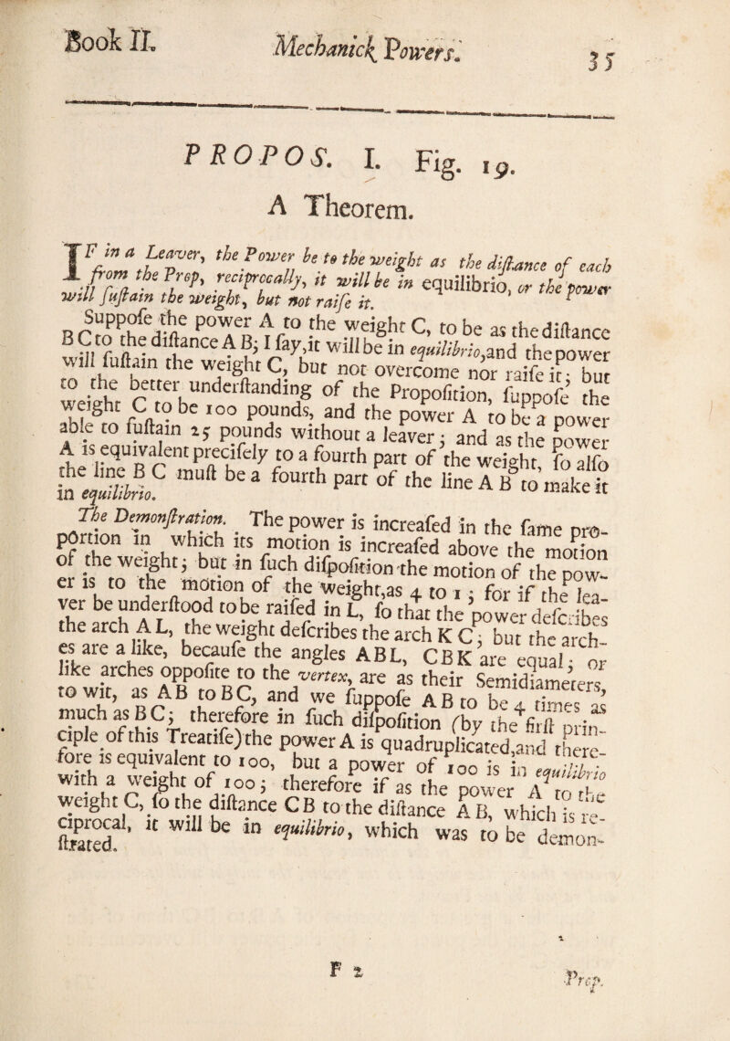 Mechanic{Powers* 3J PROP OS. I. Fig. ip. A Theorem. FJ”attpZ' the?nv% ^ to the weight as the difiutnce of each from the Prep, reciprocally, ,t will he in equilibria or the power will [liftam the weight, but not raife it. F Suppofe the power A to the weight C, to be as thediftance C to the diftance A B; I fay,it will be in eWilibrio,^ the powe? vvth fuftam the weight C, but not overcome nor raife irbS to the better undemanding of the Proportion, fuppofe’ the weight C to be ioo pounds, and the power A to bfa novver ache to fuftain 2 j pounds without a leaver 5 and as the power A is equivalent precifely to a fourth part of the weight fo alfo The Demonftranon. _ The power is increafed in the fame pro¬ portion in which its motion is increafed above the motion ot the weight; but in fuch difpo-fkion the motion of the pow- er is to the motion of the weight,as 4 to 1 • for if the lei. vei be undei flood tobe raifed inL, fo that the power defe ib^s the arch A L, the weight deferibes the arch K C but the arch¬ es are a like, becaufe the angles ABL, CBK are equal or to wk^af ARP°m Rr ^Mrtex}.are f their Semidiameters, .owit, as AB to BC, and we fuppofe AB to be 4 times 4 much as B C; therefore in fuch dilpolition (by the^firil on'r ciple of this Treatife) the power A is quadruplicated,and there tore is equivalent to 100, but a power of ,-,n k , ,, with a wteh, of ioo; .herefoni°L pS«r aC weight C, fo the diftance CB to the diftance A B, which is m ftrned ’ U WI ^ “ eluMrio' which was to be demon-