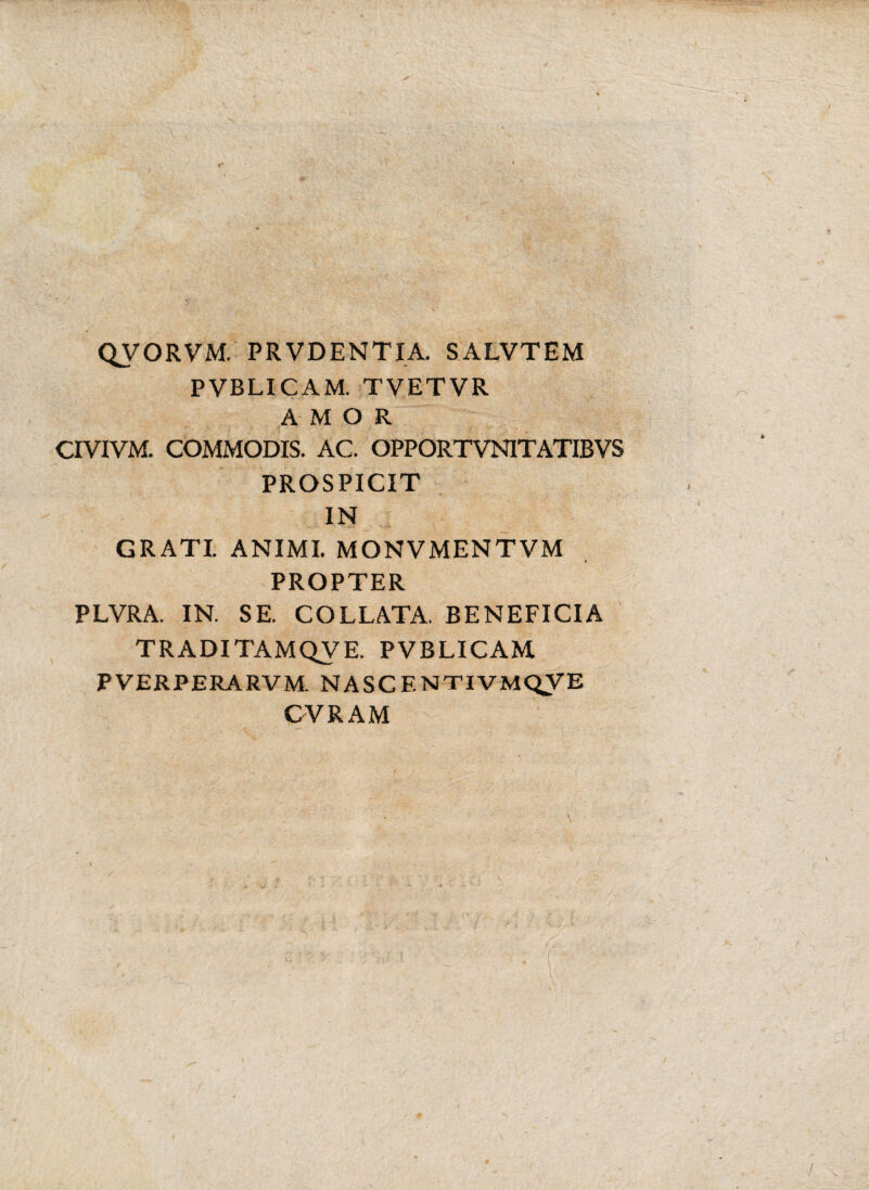 QVORVM. PRVDENTIA. SALVTEM PVBLICAM. TVETVR AMOR CIVIVM. COMMODIS. AC. OPPORTVNITATIBVS PROSPICIT IN GRATI. ANIMI. MONVMENTVM » PROPTER PLVRA. IN. SE. COLLATA. BENEFICIA TRADITAMQVE. PVBLICAM PVERPERARVM. NASCENTIVMQVE CVRAM