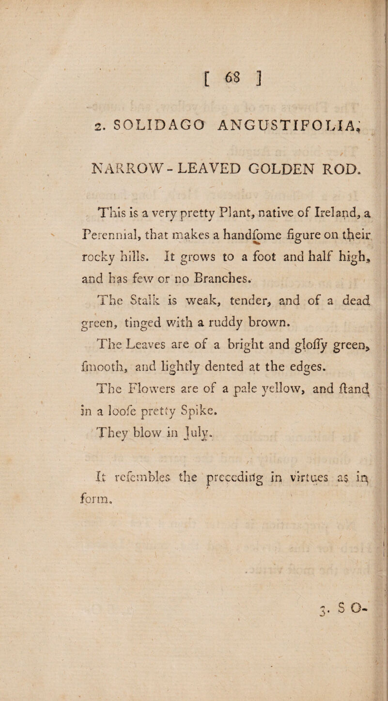 2. SOLID AGO ANGUSTIPOLIA, NARROW-LEAVED GOLDEN ROD. This is a very pretty Plant* native of Ireland* a Perennial, that makes a handfome figure on tfieir rocky hills. It grows to a foot and half high* and has few or no Branches. The Stalk is weak, tender* and of a dead green, tinged with a ruddy brown. The Leaves are of a bright and glofiy gree% finooth, and lightly dented at the edges. The Flowers are of a pale yellow, and ifand m a loofe pretty Spike. They blow in July, • / ' . ' • B It refembles- the preceding in virtues a$ ir^ / form. O’ S o«>