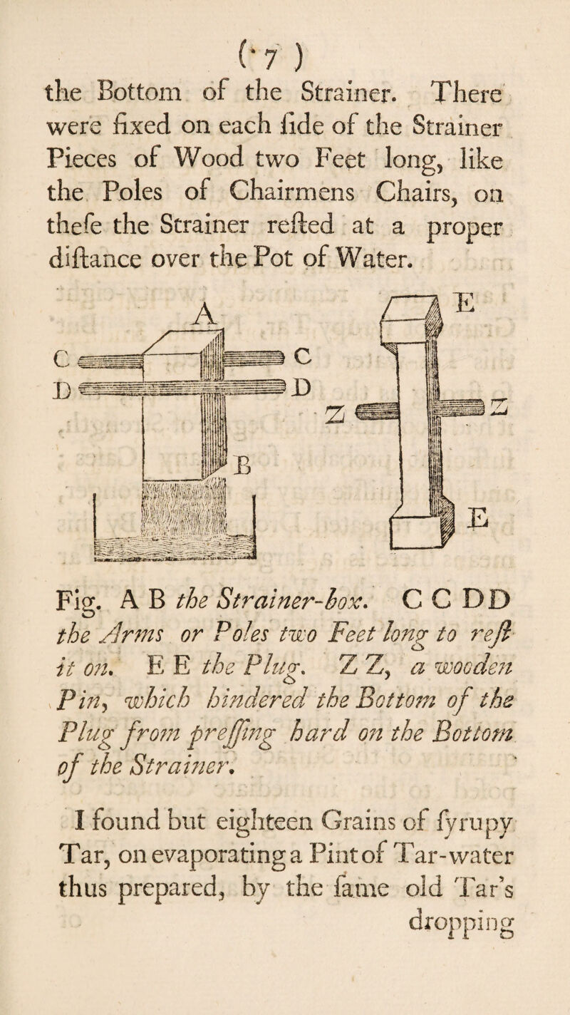 the Bottom of the Strainer. There were fixed on each fide of the Strainer Pieces of Wood two Feet long, like the Poles of Chairmens Chairs, on thefe the Strainer refted at a proper diftance over the Pot of Water. Fig. A B the Strainer-box. C C DD the Arms or Poles two Feet long to reft it oit. E E the Plug. Z Z, a wooden Pin, which hindered the Bottom of the Plug from prefjing hard on the Bottom of the St rawer. I found but eighteen Grains of fyrupy Tar, on evaporating a Pint of Tar-water thus prepared, by the fame old Tar’s dropping