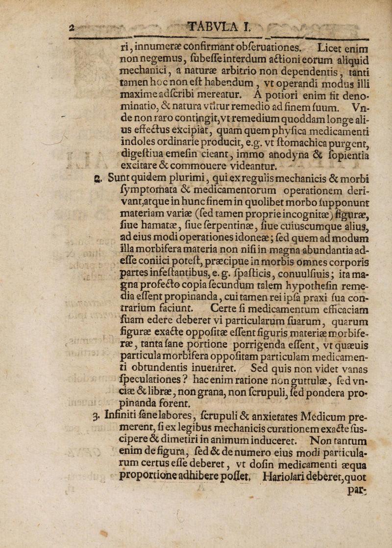 a - __ TABVLA l ri 5 innumerae confirmantobferuationes. Licet enim non negemus, fubeffeinterdum ailioni eorum aliquid mechanici, a naturae arbitrio non dependentis, tanti tamen hoc non eft habendum, vt operandi modus illi maxime adfcribi mereatur» A potiori enim fit deno¬ minatio, &amp; natura v tkur remedio ad finem fuum. Vn- de non raro contingit,vt remedium quoddam longe ali¬ us effectus excipiat, quam quem phyfica medicamenti indoles ordinarie producit, e.g, vt ftomachica purgent, digeftiua emefin cieant, immo anodyna &amp; fopientia excitare &amp;commouere videantur» g, Sunt quidem plurimi, qui exregulis mechanicis &amp; morbi fymptomata &amp; medicamentorum operationem derb vant5atque in hunc finem in quolibet morbo fupponunt materiam variae (fed tamen proprie incognitae) figurae, fiue hamatae, fmeferpentinae, fiue cuiuscumque alius, ad eius modi operationes idoneae; fed quem ad modum illa morbifera materia non nifiin magna abundantia ad- effe coniici poteft, praecipue in morbis omnes corporis partes infeftantibus, e. g. fpafticis, conuulfmis; ita ma¬ gna profe£to copia fecundum talem hypothefin reme¬ dia effent propinanda, cui tamen rei ipfa praxi fua con¬ trarium faciunt. Certe fi medicamentum efficaciam fiiam edere deberet vi particularum fuarum, quarum ligurae exafte oppofitae effent figuris materiae morbife- rae, tanta fane portione porrigenda effent, vt quaeuis particula morbifera oppolitam particulam medicamen¬ ti obtundentis inueiiiret. / Sed quis non videt vanas fpeculariones ? hac enim ratione non guttulae, fed vn- ciae &amp; librae, non grana, non fcrupuli, fed pondera pro¬ pinanda forent, 3* Infiniti fane labores , fcrupuli &amp; anxietates Medicum pre¬ merent, fi ex legibus mechanicis curationem exaflefiis- cipere &amp; dimetiri in animum induceret. Non tantum enim de figura, fed &amp; de numero eius modi particula¬ rumcertus effe deberet, vt dofin medicamenti aequa proportione adhibere pollet» Hariolari deberet,quot par: