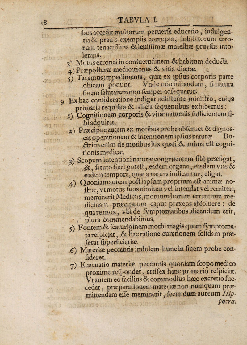 TABVLA L __ accedit multorum perueria educatio, indulgen¬ tia & prauls exemplis corrupta, inhibitorum erro¬ rum tenaciffima &ieuiffimae moleftiae prorius into¬ lerans. . Motus erronei in consuetudinem & habitum deducti. 4) Praeporter® medicationes & vitia diaetae. 5) Tacemus impedimenta, ...quiE ex ipfms corporis parte obicem ponjinfi ¥.nde non mirandum, fi natura ■ finem (alutarem non femper adfequatur. 9. Ex hac confidetatione indiget -sdfiftente miniftro , cuius primaria requifita & officia fequenubus exhibemus: ,1) Cognitionem corporis & vit® naturalis fufficientem .fi- biadguiran 2) Praecipue autem ex motibus probe obfemet & dignos¬ cat operationem & intentionem i pfius naturae. Do¬ ctrina enim de motibus Ita quafianima eft cogni¬ tionis medicae, 3) Scopum intentioni natur® congruentem libi pr®figat, 9 fi tuto fieri poteft , eadem organa, easdem vias & eadem tempora, quae a natura indicamur, eligat. 4) Quoniam autem poft lapffim proprium ,-ett animae no- ftrae,vtmoms (uos nimium vel intendat vel remittat, meminerit Medicus, motuum horum errantium me- dicinam praecipuum caput praxeos abioluere ; de quatemox, vblde fymptqjnatibus dicendum erit, ,\r plura commendabimus, 5) Fontem & fcaturiginem morbimagis quam fymptoma- ta refipiciat, & hac ratione curationem folids m pr®- feratfuperftciari®, 6) Materi® peccantis indolem hunc in finem probe con¬ fideret. 7) Euacuatio materi® peccantis quoniam icopo medico proxime refpondet, artifex hanc primario refpiciat. Vt autem eo facilius & commodius haec excretiofuc- cedat, praeparationem materi® non numquam pro¬ mittendam effe meminerit, fecundum aureum H/p- pocra♦
