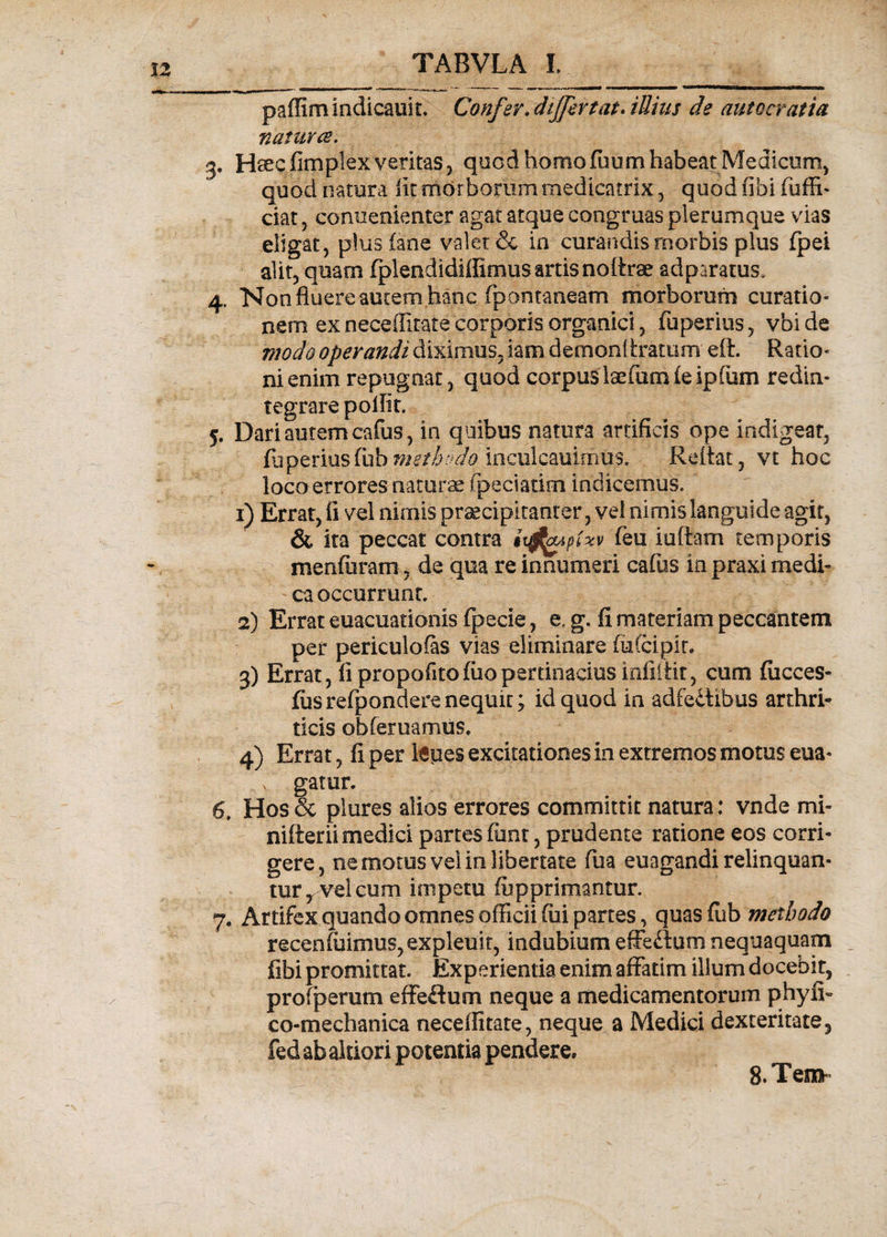 paffim Indicauit. Confer. dijfertat. iUins de autocratia natuvce. 3. Hseeflmplex veritas, quod homo fuum habeat Medicum, quod natura iit morborum medicatrix, quod (ibi fuffi- ciat, conuenienter agat atque congruas plerumque vias eligat, plus (ane valet &amp; in curandis morbis plus (pei alit, quam fplendidiffimus artis noflrse adparatus. 4. Non fluere autem hanc fpontaneam morborum curatio* nem exneceffitate corporis organici, fuperius, vbide modo operandi diximus, iam demonflramm eft. Ratio* ni enim repugnat, quod corpus laefum (e ipfum redin¬ tegrare poflit. 5. Dari autem cafus, in quibus natura artificis ope indigeat, fttperiusfubm.ethodo^inculcauimus. Reflat, vt hoc loco errores naturae (peciatim indicemus» 1) Errat, fi vel nimis praecipitanter, vel nimis languide agit, &amp; ita peccat contra iijfeip&amp;v feu iuftam temporis menfuram, de qua re innumeri cafus in praxi medi¬ ca occurrunt. 2) Errat euacuationis fpecie, e, g. fi materiam peccantem per periculofas vias eliminare fufcipir. 3) Errat, fi propofitofiiopertinacius infiflit, cum (iicces- fiisrefponaerenequit; id quod in adfediibus arthri¬ ticis obfemamus, 4) Errat, fi per lapes excitationes in extremos motus eua- v gamr. 6t Hos &amp; plures alios errores committit natura: vnde mi- nifteriimedici partes(unt, prudente ratione eos corri¬ gere, ne motus vel in libertate fua euagandi relinquan¬ tur, vel cum impete (upprimantur. 7. Artifex quando omnes officii fiii partes, quas ffib methodo recenfuimus,expleuit, indubium effeftum nequaquam fibi promittat. Experientia enim affatim illum docebit, profperum effectum neque a medicamentorum phyfi- co-mechanica neceffitate, neque a Medici dexteritate, 8.Ten* fed ab aldori potentia pendere.