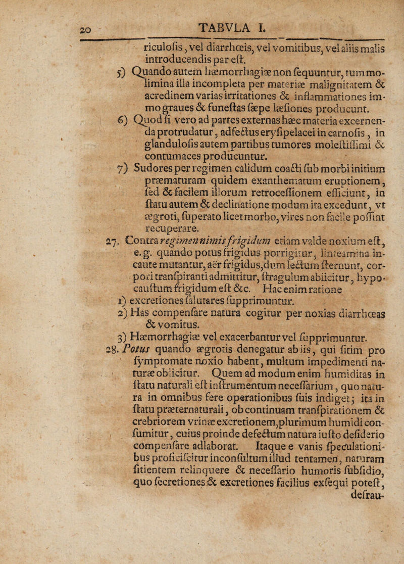 riculofis, vel diarrhoeis, vel vomitibus, vel aliis malis introducendis par eft. 5) Quando autem haemorrhagiae non (equuntur, tum mo¬ limina illa incompleta per materiae malignitatem &amp; acredinem varias irritationes &amp; inflammationes im« mo graues &amp; funeftas faepe laefiones producunt» 6) Quod fl vero ad partes externas haec materia excernen¬ da protrudatur , adfeftus eryiipelacei in carnofis , in glandulofis autem partibus tumores moleftiffimi &amp; contumaces producuntur. 7) Sudores per regimen calidum coafti fub morbi initium praematuram quidem exanthematum eruptionem, fed &amp; facilem illorum retroceffionem efficiant, in ftatu autem &amp; declinatione modum ita excedunt, vt segroti, fu perato licet rnorljo, vires non facile poffint recuperare. 27. Contra regimen nimisfrigidum etiam valde noxiu m e ft, . e.g. quando potus frigidus porrigitur, linteamina in¬ caute mutantur, aer&amp;igidus,dum letlum itemunr, cor¬ pori tranfpiranti admittitur, ftragulum abiicitur, hypo- cauftem frigidum eft &amp;c. Hac enim ratione 1) .excretiotiesfelutares ffipprimuntur, 2) Has compeniare natura cogitur per noxias diarrhoeas &amp; vomitus, 3) Haemorrhagiae vel exacerbantur vel fupprimuntur. 28. Potus quando aegrotis denegatur ab iis, qui fitim pro ' fymptomate noxio habent, multum impedimenti na» turee obiicitur. Quem ad modum enim humiditas in ftatu naturali eft inftrumenmm neceffarium, quo natu¬ ra in omnibus fere operationibus fuis indiget3 ita in ftatu praeternaturali, ob contineam tranfpirationem &amp; crebriorem vrinae excretionem,plurimum humidi con¬ futuitur , cuius proinde defeftum natura iufio defiderio compeniare adlaborat. Itaque e vanis fpeculationh biisproftei&amp;tturinconffiltumillud tentamen, naturam fitieotem relinquere &amp; neceifario humoris fiibfidio, quofecretionesSc excreticnes facilius exfequi poteft, defrau-