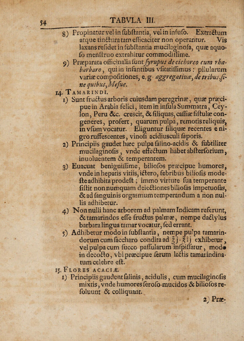 S4 g) Propinatur vel in fubflantia, velin infula Extrsftum atque tinfiura tarn efficaciter non operantur. Vis laxansrefidetiaiubftantia ffiucikiginofa, quaeaquo- fb menftroo extrahitur commodillime. 9) Praeparata officinalia luntjyrupm de cichoreo cum rha- barbaro, qui in infantibus vfitatiffimus : pilularum variae conipofitiones, e.g aggregatiiice^detribus,fi¬ ne quibus ^Mefue, 14. TAMARINDI. 1) Sunt fruftus arboris cuiusdam peregrinae, quae praeci¬ pue in Arabia felici, item in infula Summatra, Cey- lon 5 Peru &amp;c, crescit, &amp; filiquas, cafliae fiftulae con¬ generes, profert, quarum pulpa, remotis reliquis, in vfum vocatur. Eliguntur filiqoae recentes e ni¬ gro ruffescentes, vinofi acidiusculi feporis. 2) Principiis gaudet haec pulpa filino-acidis &amp; fubtiliter mucilaginofis, vnde effeflum habet abfterfbrium, inuolueatem &amp; temperantem. 3) Euacuat benigoiffime, biliofos praecipue humores, vnde in hepatis vitiis, iftero, febribus biliofis mode- fteadhibita prodeft ; immo virtute fua temperante fiftit nonnumquam deletionesbiliofas impetuofes, &amp; ad (anguinis orgasmum temperandum a non nul¬ lis adhibetur. 4) Non nulli hanc arborem ad palmam Indicam referunt, Sttamarindos effe fruftus palmae, nempe dadylus ' barbara lingua tamar vocatur, fed errant. 5) Adhibetur modo in fubflantia, nempe pulpa tamarin- dorum cum feccharo condita ad | j - f i j exhibetur, vel pulpa cum fucco paffularum infpiffatur, mod® indeco&amp;o, vbl praecipue ferum laflis tamarindina* tum celebre eft. 15. Flores acacia. i) Principiis gaudent falinis, acidulis, cum mucilaginofis mixtis, vnde humores ferofb-mucidos &amp; biliofos re- foluunt &amp; colliquant., z) Prae-