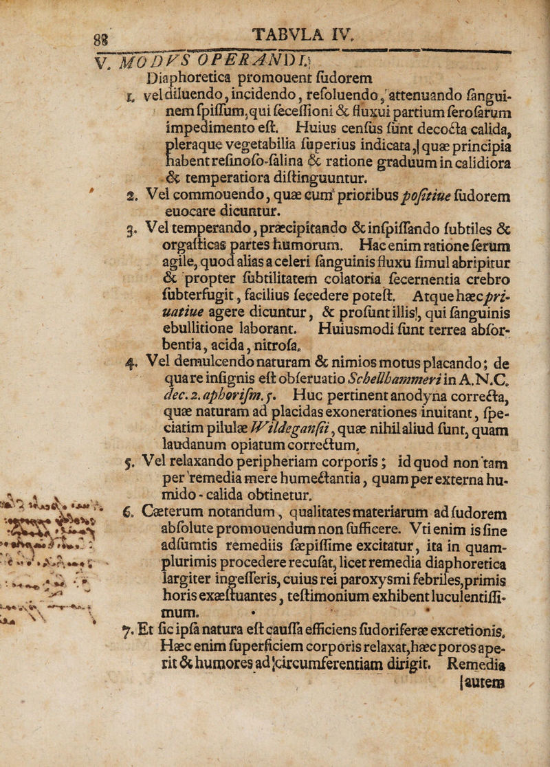m __ wTmod v s^oTWran d L) Diaphoretica promouent fiidorem 1. vel diluendo , incidendo, refoiuendo 5 attenuando fangul- nem fpiffui%qui feceffioni & fluxui partium feroferum impedimento eft. Huius cenfiis fiint decofla calida} pleraque vegetabilia fuperius indicata 5|quae principia habent refinoftHalina & ratione graduum in calidiora & temperatiora diftinguuntur. 2. Vei commonendo, quae curtf prioribus pofitiue fiidorem euocare dicuntur. 3. Vel temperando, praecipitando &infpiffando fiibtiles & orgafticas partes humorum. Hac enim ratione ferum agile, quod alias a celeri fenguinis fluxu fimul abripitur & propter fiibtilitatem eolatoria fecernentia crebro fiibterfugit 5 facilius fecedere poteft, Atque haecpri~ uatiue agere dicuntur, & profimt illis!, qui fenguinis ebullitione laborant. Huiusmodi fiint terrea abfor- bentia , acida , nitrofa* 4» Vel demulcendo naturam & nimios motus placando; de qua re infignis eft obfef uatio ScbeUhammeri in A, N.C* dec. 2. aphorifm. /. Huc pertinent anodyna correcta* quae naturam ad placidas exonerationes inuitant, fpe- ciatim pilulae JVildeganfii , quae nihil aliud funt, quam laudanum opiatumcorreftum, 5, Vel relaxando peripheriam corporis; id quod non tam per 'remedia mere humefhntia , quam per externa hu- mido - calida obtinetur, * £ Caeterum notandum, qualitates materiarum adfudorem abfolutepromouendumnonfiiffieere. Vtienim is fine adfumtis remediis faepiffime excitatur, ita in quam- plurimis procedere recufet, licet remedia diaphoretica largiter ingefferis, cuius rei paroxysmi febriles,primis horis exaeftuantes , teftimonium exhibent luculentiffi- mum. • * 7. Et fic ipfe natura eft caufla efficiens fiidoriferae excretionis. Haec enim fuper^iciem corporis relaxat,hsecporos ape¬ rit & humores ad Jdrcumferentiam dirigit. Remedia [autem