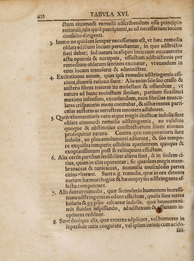 ftum eiusmodTremedii adfcribendum effe principio rationali}tale quid percipienti,ac ad neceffarium locum confulto dirigenti. 3 Imnio ne quidem femper neceffarium eft, vt haec remedia oblata ad illum locum peruehantur, in quo adftrittio fieri debet; led natura in aliquo loco cum euacuatorio aftu operofa &amp; occupata, effe&amp;um adftri&amp;ionis per remedium oblatum femiens excitatur, vt eumdem in eum locum transferat &amp; adminiftret. _ . 4. Excitationes autem, quas ipfa remedia adftrmgentiaeffi- v ciunt,diuerfa ratione fiunt: Alia enim fale luo craffo &amp; auftero fibras teneras ita moleiiant Sc offendunt, vt natura ad hunc moleftum lenium, partium flexilitati maxime infenlum, excutiendum, mox fibrillas muscu¬ lares crifpatorio motu contrahat, &amp; adhaerentes parti¬ culas aufteras ac terreftres amouere adlaboret. « Quoivehementioris vero atque magis drafticae indolis funt 3' ^oblata eiusmodi remedia adftringentia, eo validius quoque &amp; obftinatius conftri&amp;orium fuum motum profequitur natura. Contra quo temperatioris funt indolis, eo plus emolumenti adierunt, &amp; fuo tempo¬ re exquifita temperie adhibita aperientem quoque &amp; exoptatiffimum poft fe relinquunt effeflum. 6. Alia certis partibus fenfibiliter aliena funt, &amp;in iisuem ci¬ tius, quam in aliis operantur; fic quaedam magis mem¬ branaceas &amp; tunicaceas, nonnulla mulculolas partes citius alterant. Sunt e. g. remedia, quae in ore detenta narium haemorrhagias &amp; haemoptyfin adftringente ef* feftu compescunt. . 7. Alia dantur remedia , quae fecundario humorum mcralla- tione adftringentem edunt effeftum, qualia fiint terrea bolaria&amp;gypleo-calcare® indolis, quae humores ni¬ mis fluidos infpiffando, adadfluxum &amp;|j)3uxum in¬ eptiores reddunt. g. Sunt denique alia, quae externe adplicata, vel humores m iuperficie cutis coagulant, vel ipfam cutem cum acido- \