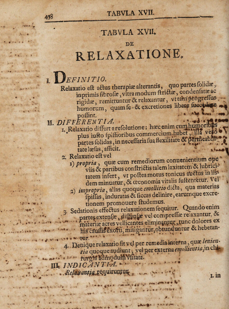 4$ &gt;. • * TABVLA XVII&lt; | j i v* DE relaxatione. ■» * I. Dafav/t/0. , rr. Relaxatio eft aftus therapiae alterantis, qno paites (olidae ? inprimis fibrofe, vitra modum ftrifts, condemat^ac rieidae, remittuntur &amp; relaxantur, vnam OtOgieiU» humorum, quam fe - &amp; excretiones kb*?: offint. H. DIFFERENTIA. -.4 I .# * * *  ♦ t \ E1 V JZj 1Y Uj r* J. i yj-* , . v -3 *•*' ’ . Relaxatio differt arefdutione5 hxcenimeuinj.uinorJt)^ ‘ plus tufto fplffiotibus commemiurmhabetJa panes folidas ,in neceffamfuaftexihtate yg^!““*y£ tace telas, afficit. ' i^t g. Relaxatio eft vel . . • . . * ■ i) propria , qus cum remediorum conuementium ope , viis de partibus conftriftis talem laxitatem &amp; lubrici- tatem infert, vt poftea moras tonicus aU&amp;us m iis¬ dem minuatur, &amp; ceconomia vitalis fuftentetur. v ei impropria, alias quoqueetnoUitioditia, qua materias fpiffas, induratas &amp; ficcas deltnire, earumque excre- tionem promonere ftudemus. _ a. Sedationis effeftus relaxationem fequitur. Quando enim • partesextetifae ^ditlujF vel eompreffs relaxantur, &amp; .•'•**• ‘4 materis acres vellicantes elimin|Rtur^unc dolores ex . , ■*»-'-’♦« • hisc^uffifexofti,mitigantur,obtunduntur &amp;hebetan- - « *• ..«*«».fc W 4. Denique relaxatio fit vel per remediainterna, qus * . ,  tia quoque audiant j^yel per externa ei^otkentta^xi ci% fvfrgMldftiodulfiVirtata. • III» INDIC ANTEA. - ‘ *!'/'=** &gt; Me./iu?antitU$,auiruoftp;.. .*•%' _ jj. :• •■&lt;**&gt; * ' - 4 4 *'t * 1 «*r * *' * ** v'*'* * *• * , 4 * * wi * i * 1 V • &gt;» f * * (Mi *» * ’ 'M k &lt;•-&gt; * r •M. •* , f .«.id» : *&gt;..* r ,***