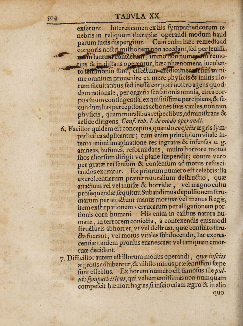 exierunt. Interea tamen ex his fympaiheticorum te¬ nebris in reliquum therapiae operandi modum haud parum lucis dispergitur. Cum enim haec remedia ad corporis noftrijmiltionenjLpon accedantXed perleuillu 'us &amp; iiL^ftans onerentur, hae cphsenomena lucui en» toftfHmonio fefini- me omnium proueoire ex mere phyficis &amp; iniitisillo¬ rum facultatibus,fed ineffe corpori aoftro agens quod¬ dam rationale, per organa fenfationis omnia, circa cor¬ pus (uum contingentia, exquifitiffime percipiens,&amp; fe¬ cundum has perceptiones a£tiones fuas vitales,non tam phyficis, quam moralibus refpe£ti¥lis,adminiftrans &amp; adiiue dirigens. Conf. tab. L de modo operandi. 6, Facilior quidem eft conceptus,quando confciis aegris fym- patheticaadplicantur; tum enim principium vitale in¬ tenta animi imaginatione res ingratas &amp; infenfas e. g. araneas, bufones, reformidans,' multo horrore motus fuos aliorfum dirigit vel plane fuspendit 3 contra vero per gratae reifenfum &amp; confenfum admotus refusci- tandos excitator. Ex priorum numero eft celebris illa excrefcentiarum praeternaturalium deftru£tio, quae attadlum rei vel inuifae &amp; horridae , vel magno cultu profequendae^equitur.Subaudimus depulfionem ftru- marum perattaftum manus mortuae vel manus Regis, item exftirparionem verrucarum per alligationem por¬ tionis corii humani His enim in cafibus natura hu¬ mana, in terrorem coniefta, a contexendis eiusmodi ftru&amp;uris abhorret, vt vel deftruat, quae confulto ftru- fta fuerant, vel motus vitales (obducendo, hae excres¬ cendae tandem prorfiis euanescant vel tamquam emor¬ tuae decidant. 7. Difficilior autem eft illorum modus operandi, qu xinfciis aegrotis adhibentur,&amp; nihilo minus praefentiffimi faepe funt effeclus. Ex horum numero eft famdfiis illzpuL uis fympafbeticus7qu\ vehementiffimas non numquam compefcit haerriorrhagias,fi infcio etiam aegro &amp; in alio quo-