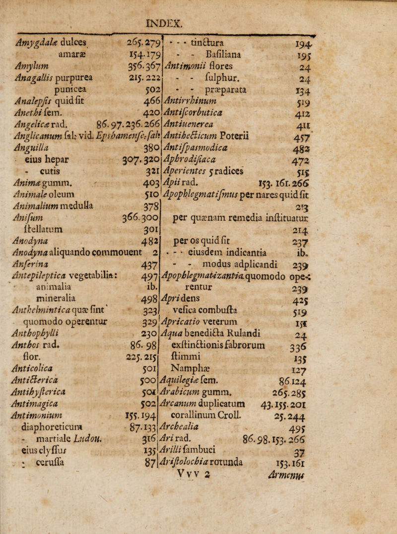 Amygdala dulces amarae Amylum Anagallis purpurea punicea Analepfts quid iit Anethi fem. Angelica rad. 265.279’ 154* 179 356.367 215.222 502 466 420 86*97*236.266 Anglicanum fab vid* Epshamenfe;fah Anguilla eius hepar - cutis Anima gumm. Animale oleum Animalium medulla Anijum i {rellatum Anodyna 380 3°7* 32° 321 403 510 378 366.300 301 482 tinftura - - Bafiliana Antimonii flores - - fulphur. • - praeparata Antirrhinum Antifcorbutica Antiuencrea AntiheBicum Poterii Antifpasmodica Apbrodijiaca Aperientes 5 radices Apii rad. 194* m 24 24 *34 5*9 412 411 457' 483 472 153. i6r. 266 Anodyna aliquando commouent 2 Anferina Antepileptica vegetabilia : animalia mineralia Anthelmmtica quae fint' quomodo operentur Anthophylli Anthcs rad. flor. Anticolica AntiBcrica Antihyjlerica Antimagica Antimonium diaphoreticum - martiale Ludou. eius dyffu/ * ceruffa 437 497 ib. 498 323 Apophlegmatijmus per nares quid fit per quaenam remedia inftituatur 214 per os quid fit 237 - ' eiusdem indicantia ib. - modus adplicandi 239 Apopblegmatdzanti^L quomo do ope-l rentur Apri dens vefica combufta 329* Apricatio veterum 230 86* 98 225.215 501 500 $ot 502 155* 194 87* 133 316 ^«tfbenedi&amp;a Rulandi exftin&amp;ionis fabrorum ftimmi Namphae Aquilegi a fem. Arabicum gumm. Arcanum duplicatum corallinum CrolL Archealia Ari rad. 239- 425 519 i&gt;f 24 336 *3S 127 86124 265.28S 43.155.201 25.244 49 i 86.98.153.266 135 'AriUi fambuci 27 87l Arijlolocbia rotunda 153.161 V v v 2 drmenw
