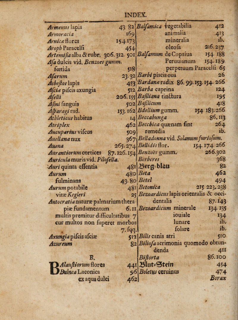 Airmcnus lapis Armoracia 169 Amica floras 15 4.173 Aroph Paraeelfi 454 Artemifia alba &amp; rubr. 306.312. 501 Afa dulcis vid, Bcnzoes gumm. 5^8 23.32 fcetida Afarum Asbeflos lapis Afcirt pifcis axungia Afclli 206.155 Afini fanguis 502 Ajparagi rad. 153,16 2 Athleticus habitus 14 Atriplex 462 Aucup artus vifcus 509 Aaellana nux 367 Auena 2 65.274 Aurantiorum cortices 87.126.154 Auricula muris vid. Pilofella. Auri quinta effentia 481 Aurum 480 fulminans 43.80 Aurum potabile 48* vitas Kegleri 25 Autocratia naturae palmarium thera 43 g2 ^Balfamica Vegetabilia animalia mineralia oleofa Balfamum deCopaiua Peruuianum perpetuum Paracelfi 65 Barbi piscis oua 26 453 '^Bardam radix 8&amp; 99* 153.154» 266 512 Barba caprina 124 4T2 413 ib. 216.237 154 188 154.189 Bafiliana tintfcura 7licum 195 4*8 Bdellium gumm. 154 183.266 Beccabunga $6, n3 Beccbica quaenam fint 264 remedia ib. Belladonna vid. Solanum furi ofum. Bellidi/flor, jBcnzoes gumm. B er b er es Betg blau Beta Betel Betonica 154.174 266 266.302 368 82 462 494 215.223,238 Bezoardicus lapis orientalis &amp; occi¬ dentalis piae fundamentum 6.11 Bezoardicum minerale multis premitur d ifficukatibus 7 cur multos non fuperet morbos . 7-fqq- Axungia pifcis afciae S[1 Azureutn 82 ; B. Alaufliorum flores Balnea Laconica ex aqua dulci 44i 96 462 87-143 134-135 134 ib. ib. 5ro iouiale lunare folare Bilis canis atri Biliofa acrimonia quomodo obtun¬ denda 411 Biftorta $6,100 3iut*Stem 454 Boletus ceruinus 474 Borax