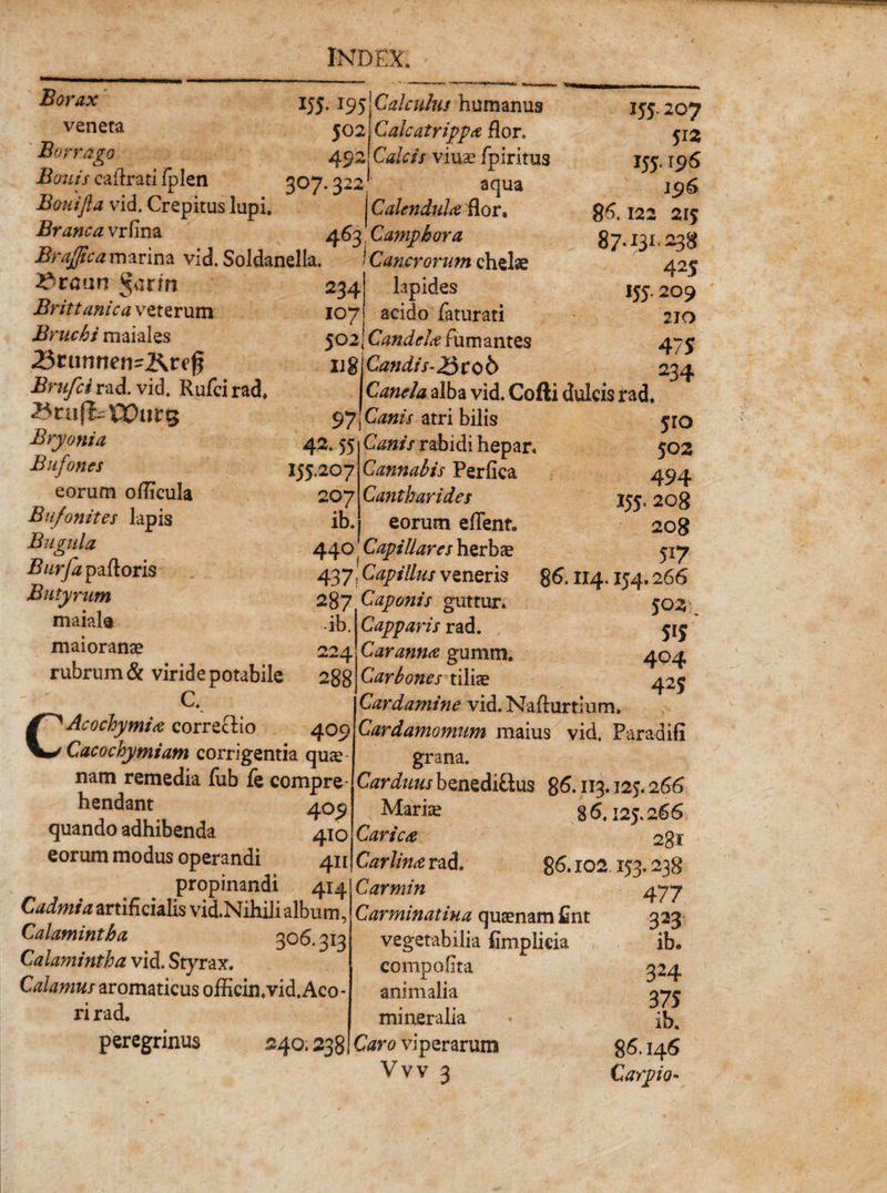 Borax veneta Bvrrago Bonis caflrati fplen Bouijla vid. Crepitus lupi. Branca vrfina BraJJtca marina vid. Soldanella. 155* *95 502 492 307.322 234 107 42.55 155.207 207 ib. 440 &amp;taun gurm Britt anica veterum Bruchi maiales •23runnen-2\ref? Brufci rad. vid. Rufci rad, 25ru(t=XX)urg Bryonia Bufones eorum oflicula Bufonites lapis Bugula Burfa pattoris Butyrum maiale maioranae rubrum &amp; viride potabile Gr CAcochymia correffcio Cacochymiam corrigentia qus nam remedia fub fe compre¬ hendant 409 quando adhibenda 410 eorum modus operandi 411 propinandi 414 Cadmi a artificialis vid.Nihili album, Calamintba 306.313 Calamintha vid. Styrax. Calamus aromaticus oificin.vid.Aco¬ ri rad. peregrinus 240.238 Calculus humanus Calcatrippa flor. Calcis viuae fpirims aqua Calendula flor, 463 \C amphora Cancrorum chelae lapides acido faturati 502J Candela fumantes U%\Candis-2$tob 155 207 512 155.196 196 86.122 215 87.131.238 425 155.209 210 475 234 Canela alba vid. Cofti dulcis rad. 97j'Canis atri bilis Canis rabidi hepar. Cannabis Perfica Cantharides eorum eflent. Capillares herbae 437- Capillus veneris 287 Caponis guttur. •ib. 224 288 409 Capparis rad. Car anna gumm. Carbones tiliae 5to 502 494 155. 208 208 5*7 86.1x4.154.266 5i5 404 425 Cardamine vid. Nafturtium, Cardamomum maius vid. Paradifi grana. Carduus benedi&amp;us 86.113.125.266 Maria; 86.125.266 Carica 281 Car lina rad. 86.102.153.238 Carmin Carminatiua qusenam fint vegetabilia fimplicia compofita animalia mineralia Caro viperarum Vvv 3 477 323 ib, 324 375 ib. 86.146 Carpio-