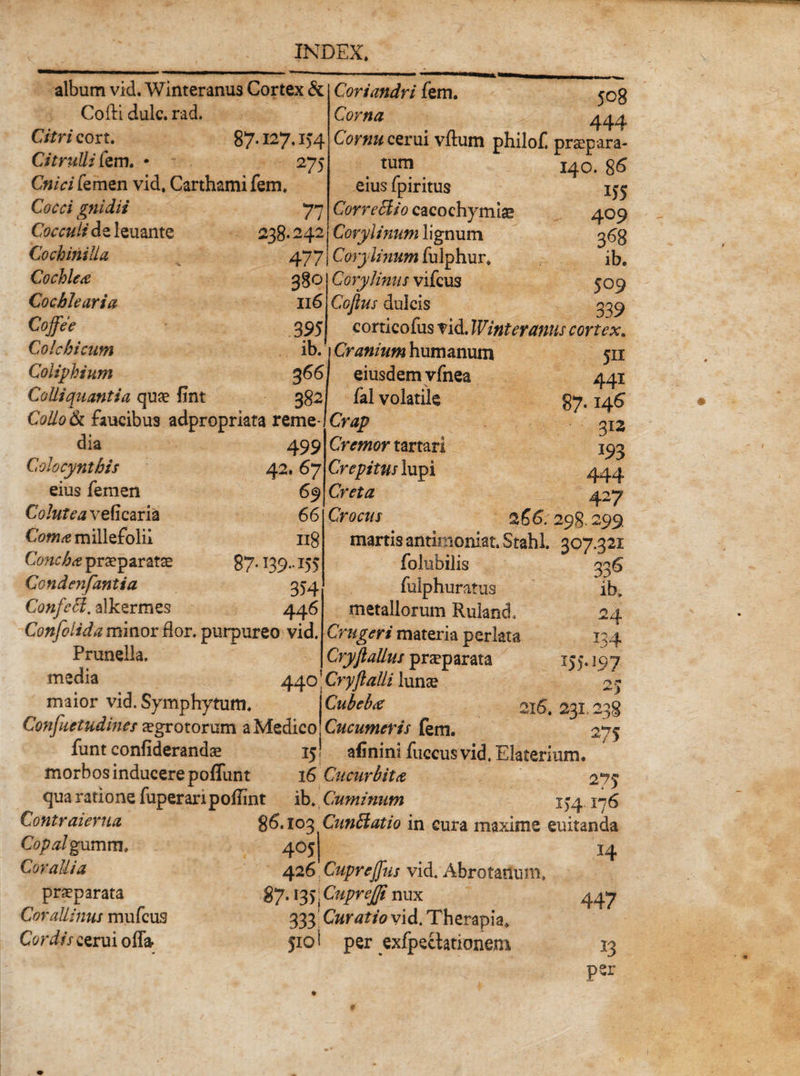 album vid. Winteranus Cortex &amp; Cofti dulc. rad. Citri cort. 87-127.154 Citrulli fem. • 275 Cnici femen vid, Carthami fem. Cocci gnidii 77 Coccult de ieuante 238- 242 Cochinilia Cochlea 380 Cochlearia 116 Coffee 395 Colchicum ib. Coiiphium 366 CoUiquantia quae fint 382 Collo 61 faucibus adpropriata reme- Coriandri fem. 508 Corna 444 Cornu cerui vftum philof. praepara¬ tum eius fpiritus CorreHio cacochymiae Corylinum lignum 477 j Cory Imum fulphur* Cory Imus vifcus Coftus dulcis 140. 86 i&gt;5 409 368 ib. 509 339 corticofus vid. Winteranus cortex. dia Colocynthis eius femen Colutea veficaria Coma millefolii Concha praeparatae Condenfantia ConfeH. alkermes Confilidaminordor. purpureo vid. Prunella. 499 42. 67 69 66 118 87- D9-155 354 446 Cranium humanum eiusdem vfnea fal volatile Crap Cremor tartari Crepitus lupi Creta Crocus 511 441 87.146 312 m 444 427 266; 298.299. martis antimoniat. Stahl. 307.321 folubilis 336 fulphuratus ib* metallorum RulancL 24 Crugeri materia perlata 134 Cryftallus praeparata 155.197 rs r media 440 j Cryftalli luna? maior vid. Symphyftitti, j Cubcbx 216. 231 238 Conjketudines aegrotorum a Medico \ Cucumeris fem. 275 funt confiderandse 15! afinini fuccusvid. Elaterium. morbos inducere poffunt 16 Cucurbita 2*75 qua ratione fuperaripollint ib. Cuminum 1^4 176 $6.10% CunEl at io in cura maxime euitanda 4°5| _ 14 426 Cupreffus vid. Abrotanuni, 87.135; Cupreffi nux 447 333 Curatio vid. Therapia* 510! per exfpectationem 13 ; P^r Contraierua Copalgumm, Corallia praeparata Corallinus mufcus Cordis cerui ofli