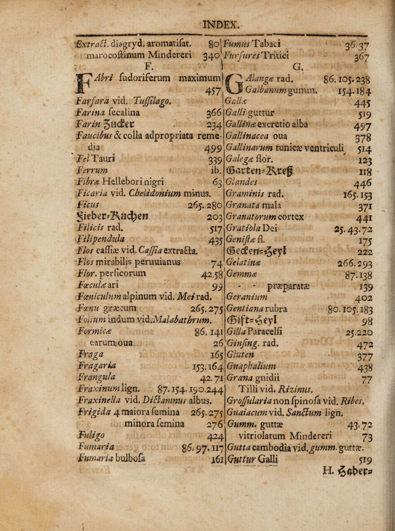 Extrahi. diagryd, aromatifat. gol Fumus Tabaci marocoftinum Mindereri 340 Furfures Tritici F. Abri fudoriferum maximum! Alangte rad. G. 457 Far far a vid. TuJJtlago. Farina fecalina 366 234 Faucibus &amp; coila adpropriats reme- Qalbanum gumm. dia 499 Fr/Tauri 339 Ferrum ib. Fibra Hellebori nigri Ficaria vid. Chelidonium minus. Ficus 265, 280 gfebi^Kttc^en 203 Filicis rad. 517 Fili pendula 435 Flos caffise vid. CaJJiatxtra£la. Flos mirabilis peruuianus 74 Flor, per ficorum 42*58 Fceeultc&amp;ri 99 F mi culum alpinum vid. Mei rad. JFmnu grseeum 265.275 ■Folium iodum vidMalabathrum. Galla Galli guttur 3637 367 • 105.238 154-J8 4 445 rmica earum, oua Fraga Fr agar ia 'r angui a F ♦ Hl 26 165 153* 164 42.71 Fraxinum lign. 87.154.190.244 Fraxinella vid. DiBamnus albus. Frigida 4 maiora femina 265.275 minora femina 276 B4/£0 424 Fumaria g&lt;5,97.117 Fumaria bulbofe j6j Gallina excr etio alba Gallinacea oua Gallinarum tunica: ventriculi Galega flor. Glandes Graminis rad. Granata mak Granatorum cortex Gr at ibi a Dei Genifta fl. (Becfen-igeyl Gelatina Gemma - - praeparate Geranium Gentiana rubra GiUa Paracelfl - Ginfing. rad. Gluten Gn apio alium Grana gnidii Tilli vid. Rizinus. Grojfularia non Ipinoia vid. Ribes, Guaiacum vid. Sanclum lign. Gumm. guttae 43.72 vitriolatum Mindereri 73 Gutta cambodia vi A gumm. gutte. Guttur Galli 519 H. 5*9 497 378 514 123 118 446 165.153 37i 441 25.43.72 175 222 266.293 87*138 139 402 80.105.183 98 25.220 472 377 438 77