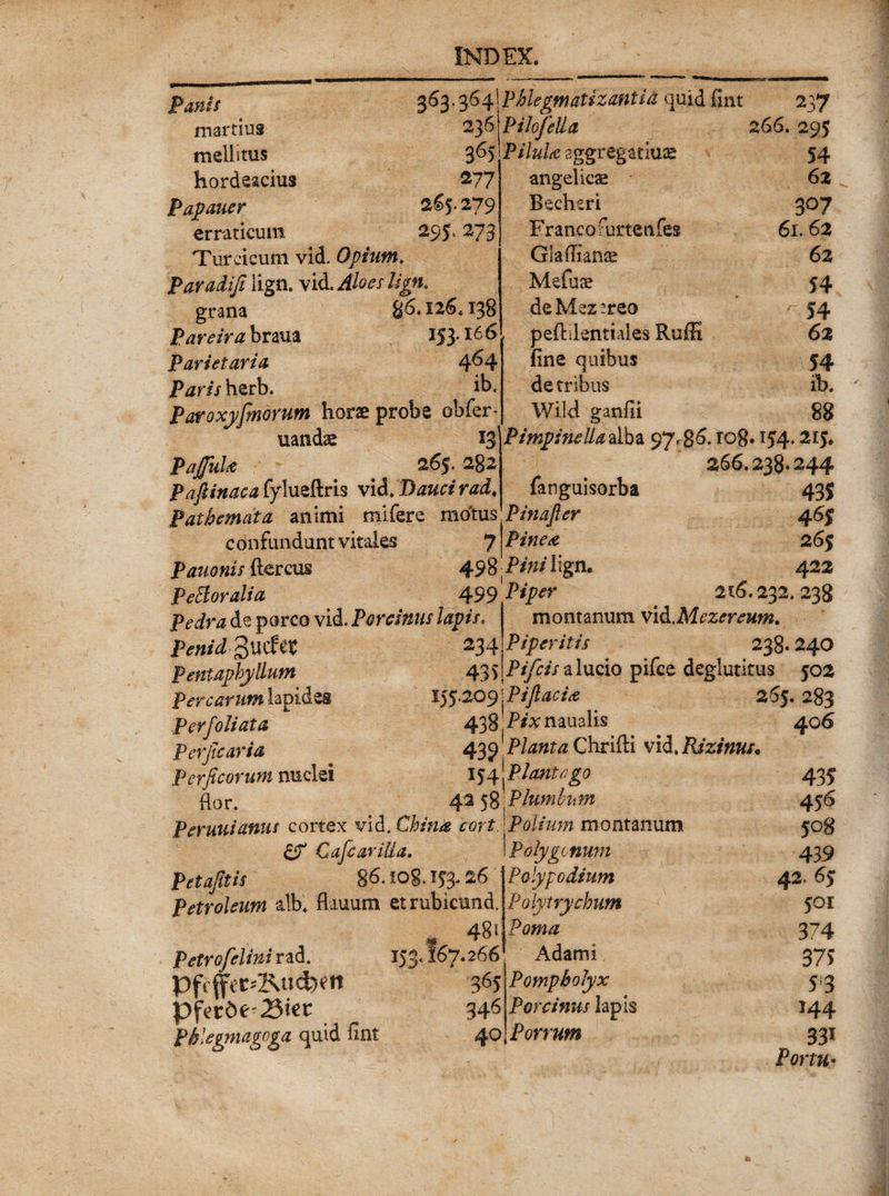 ^6^.o,6^\Phlegmatizantia quid fint 237 365 277 265.279 295. 273 2}(&gt;\PiIofetta Panis martius mellitus hordeacius Papauer erraticum Turcicum vid. Opium. Paradiji lign. vid. Aloes lign. grana &amp;6.126.138 PtfwVtfbraua 153-166 Parietaria 4^4 Paris herb. ib« Paroxyfinorum horae probe obfer* nandae 13 PaffuU 265. 282 Pafiinaca fylueftris vid. Dauci rad, fanguisorba Pathemata animi mifere motus Pinajler confundunt vitales 7 Pinea Pauonis ftercus 498. Pini lign. Pettoralia 499 P*P&amp; Pilulae aggregatiuae angelicae Becheri Francofurtenfes Glaflianae Md.ua? deMcz?reo peftilentiales Ruffi fine quibus de tribus Wild. ganfii Pimpineliaalhz 97,§6. ro8» 154.215. 266.238.2 44 V- 43 5 461 265 422 216.232.238 266. 295 54 62 3°7 61.62 62 54 r 54 62 54 ib. 88 montanum vid.Mczcr^nm. Piperitis 238.240 43 S P^/alucio pifce deglutitus 502 155.209 iPiftaci# 265. 283 406 Pedra de porco vid. Porcinus lapis, Penid^dit 234 PentaphyUum Percarum lapides Per foliata 438:P**naualis^ Perjicaria 439 Planta Chrifti vid. Rizinus. Pcrficorum nuclei 154*Plantago flor. 42 58;Plumbum Peruuianus cortex vid.Chind cort. Polium montanum £7 Cafcarilia, Petafltis 86.IOg.i53.26 Petroleum alb. flauum etrubicund. Petrofelini rad. 153* K?* 2^6 365 PfcrdeB^r 346 Phlegmagoga quid fint 4^ Polygcnun Polypo dium Polytrychum Poma Adami Pompholyx Porcinus lapis Porrum 435 456 508 439 42. 6$ 5°i 374 373 S'3 144 33i Portu-