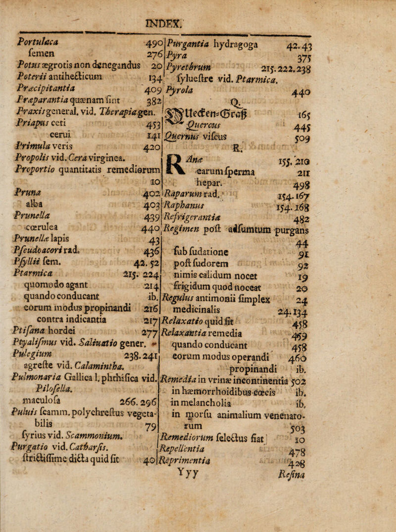 439 Portulaca 490 femen 276 Potus aegrotis non denegandus 20 Poterii antihelicum 134 Praecipitantia Preparantia queenam fint Praxisgzneral,vkL Tfarapiagm. Priapus ceti 453 eerui 141 Primula veris 420 Propolis vid.Cera virginea. Proportio quantitatis xemediQrimi io Pruna 402 alba Prunella coerulea PruneUe lapis jPfeudo acori rade PfyUii fem. Ptarmica quomodo agant quando conducant eorum modus propinandi 3,16 contra indicantia 217 Ptifana hordei 277 Ptyalifmus vid. Salmatio gener. * Pulegium 238.241 agrefte vid. Calamintha. Pulmonaria Gallica hphthifica vid. Pilo feli a, maculo fa 266.296 Puluis fcamm. polychrefius vegeta¬ bilis &gt;79 fyrius vid. Scammonium. Purgatio vid. Catharfis. ftri&amp;iflime di£ta quid fit 40 Purgantia hydragoga 42.43 Pyra 37^ Pyrethrum 21 J. 222.238 fylueftre vid. Ptarmica. 409 Pyrola % &amp;W UetferMB raf? Quercus Quernus vifeus earum hepar. Raparum rad.' Raphanus Refrigerantia 440 16$ 445 509 I5$f 2I&lt;3 2ir 498 154.167 154- 483 440 Regimen po£l adfumtum purgans 43 43^ 42.52 215. 224 214 lub fudatione pofi fudorem nimis calidum nocet frigidum quod noceat Regulus antimonii fimplex 44 91 9% 19 2Q - ... * - 24 medicinalis 24.134 Relaxatio quid fit 45 g Relaxantia remedia 459 quando conducant 458 eorum modus operandi 460 propinandi ib. Remedia in vrinae incontinentia 502 inhaemorrhoidibuseoecis iba in melancholia ib, in rporfu animalium venenato¬ rum ^0% Remediorum feleilus fiat ] 10 Repellentia 4*7 g Reprimentia 4^ Yyy Rejtna