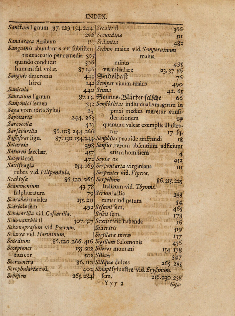 SanBum lignum 87.129 154.244. Secalis {l 26,6 Secundina Sandaraca Arabum 185' Sedantia Sanguinis abundantis aut fuMi-ften tis euacuatio perremedia 305 quando conducat humani fal. volat. Sanguis dra eronis hirci $ anicula Santalum lignum Santonici femen Sapa vomitoria Syluii .Saponaria JSarcocolla „SarfapariUa Sajfafras lign, Satuyeia Saturni facchar Satyrii Saxifragia 306 87146 449 142 44° 87131 '!L' 332 25 ■ 244. 263 423 86. io8- 244. .266 87.130.154244 39$ 457 472 154.169 3 66 511 482 rubra v\&. Fili pendula, Scabiofa 86.12Q. 266 Scammonium 43*78 fulphuratum 79 Scarabai maiales 155.211 Scariola fem 492 Schacarilla vid. Cafcarilla, Schocnanthii ft. 307.317 Schcenoprafum vid. Porrum. Sciar e a vid. Hominum, Scordium 86.120.266.416 Scorpiones eius cor Sedum maius vid. Semperuiuum maius. minus 491 ^■vermiculare 23.37.86 Semper viuum maius 490 Senna 42. 65 @€rihe8?3l4tterfalfc|^ 66 Senjibilitas indiuidualis magnam m praxi medica meretur conii» derationem quantum valeat exemplis illuftra xnr 17. fq. Senfbiles prouide traftandi rg Senfus .rerum abfentium adficiunt etiam hominem 4 Sepia os 452 Serpent aria virginiana m Serpentes vid. Vipera. Serpillum 86.215.225 Italicum vid. Thymiis, Serumh&iis Scorzonera Scrop hilari a rad. Sebeften 86.110 402 265.284 -288 54 4^5 178 ;f ' 16 5'9A *37 436 *54 r?8 ; . 347 265. 285 Smapifylueftre vii,£ryfimum. 2i6.23O.238 ’Y7)r 2 • i&fo* tsmarindinatum Sefami fem. Se feli fem. 64vw/ratio habenda Sideritis Sigillata terrae Sigillum Salomonis 155. 2\f Sileres montani 502 Silices