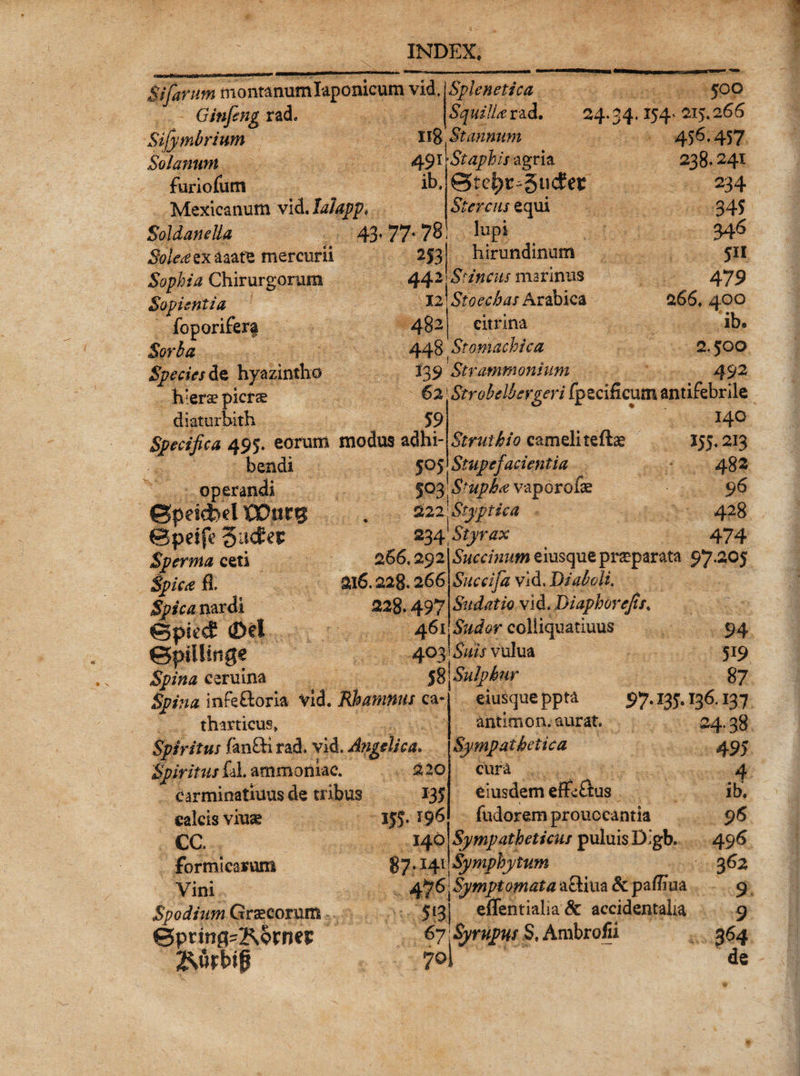 491 ib. Silarum montanumlaponicum vid. Ginjeng rad. Sifymbriwn I!8 Solanum furiofutn Mexicanum vid Jahpp* Soldanelia Solea exaaate mercurii Sophia Chirurgorum Sopientia foporifera Sorba Species de hyazintho hierae pictae diaturbith Splenetica 500 Squilla 24.34,154' 215.266 Stannum •Staphi is agria ©tc^t-Sucfer Stercus equi 43. 77. 78 lupi 2531 hirundinum 442 \S. Hncm marinus 12! Stoecbas Arabica 482 448 eitrma Stomachica I39 Strammoniuni 456.457 238.241 234 345 346 jn 479 266, 4OO ib, 2,500 492 62 59 Specifica 495. eorum modus adhi bendi operandi ©petdhel VD.urg ©peife ^ndev Sperma ceti Spica fl. Spica nardi ©piecE (Dei ©pilHnge Spina eeruina Str obeli er geri fpecificum antifebrile 266,292 ai6.228.266 228.497 465 403 58 Struthio cameli teftae 505 Stupefacientia 503 Stupba vaporofae 222 ^ Styptica 234* Styrax 140 J55* 213 482 96 428 474 Spina infe&oria vid. Rhamnus ca thartieus» Spiritus fm&i rad. vid. Angelica. Spiritus £il. ammoriiac. 2 20 carminatiuus de tribus 135 calcis viuae CG formicarum Vini Spodium Graecorum ©prtng^Kproei: 2^tjrbip Succinum eiusque prsparata 97.205 Succifa vid. Diaboli. Sudatio vid. Diaphorefis. Sudor colliquatiuus 94 519 IJ5- ’96 140 87-H> 476 Sl3 67 70 Sulphur eiusque ppta antimon. aurat. Sympathetica cura eiusdem effi&us flidorem prouccantia Sympatheticus puluis Dgb. Symphytum Symptomata a£Hua & pafliua effentialia& accidentalia Syrupus S, Ambrofii 87 97-I35-156.I37 24-38 495 4 ib, 496 362 9 9 364 de