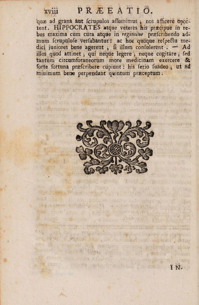 'quae ad grana £ut fcfupulos affurbimus $ nos afficere opor&lt;= tent. HIPPOCRATES atque veteres his praecipue in re¬ bus maxima cum cura aiqiie iri regimine praefcribendo ad° fcnutn fcrupulofe verfabantur: ac hoe quoque. refpe&amp;u me¬ dici juniores bene ageretlt , fi illum confiderent . — Ad illos quod attinet , qui neque legere , neque cogitare, fed tantum circumforaneorum more medicinam exercere &amp; forte fortuna praefcribere cupiunt: his ferio fuaded 9 ut bd foiinimum bene perpeudaht quintum prscepturiK