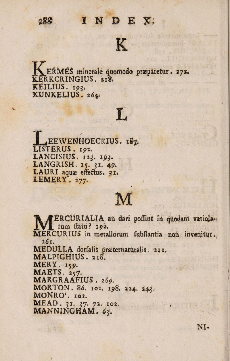 K minerale quomodo praeparetur. vjt. K.ERKCRINGIUS. 218. KEILIUS. ipj. KUNKELIUS. 204; L T jEEWENHOECKIUS. 1S7, LISTERUS. 192. LANCISJUS. iij. tpj. LANGRISH. 15. ji. 49, LAURI aquas efferus, 31«* LEMERY . 277, MERCURIALIA an dari poffini iri quodam variola* tum flatu? 192. MERCURIUS in metallorum fubflantia non invehitur. 261. MEDULLA dorfalis braeternatttralis. 21 x, MALPIGHIUS. 218, MERY. 159. MAETS. 257. MARGRAAFIUS . 26p. MORTON. 86. 102. 198. 224, 242, MONRO’. 102. MEAD. 31. 37. 72. iq2&gt; MANNINGHAM. 6$. NI- 1