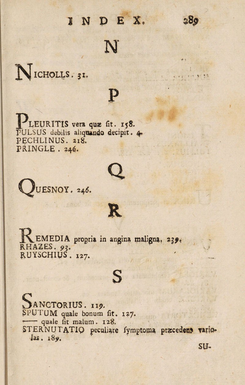 INDEX, s% N N ICHOLLS. ji. : - ! P J^LEURITIS vera quae fit. 158. PULSUS debilis aliquando decipit. 4» PECHLINUS. 218. PRINGLE . 244. Q QuESNOY. 24&lt;5- r'V ’: ^ R * o?* .R.EMEDIA progria in angina maligna. 2J&gt;, RHA2ES. 93. vj RUYSCHIUS. 127. s SaNCTORIUS. Iip. SPUTUM quale bonum fit. 127. ■—— quale fit malum. 128. STERNUTATIQ peculiare fymptoma procedens* rario- las. 18^. SU-*